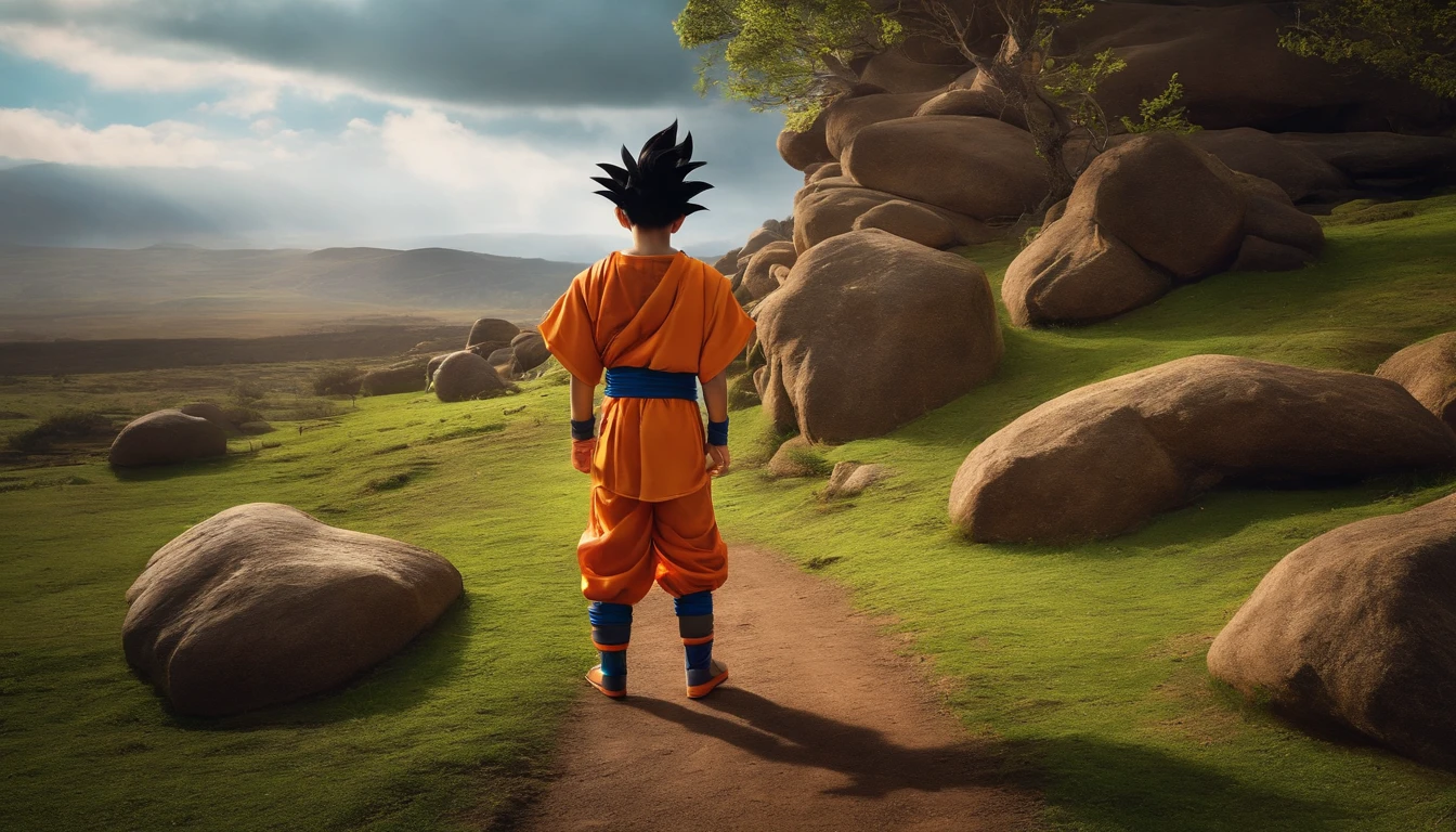 Garoto de 6 anos de idade, magro, olhos pretos, estilo dragon ball, vestido de goku super saiajin, paisagem: Dragon ball z