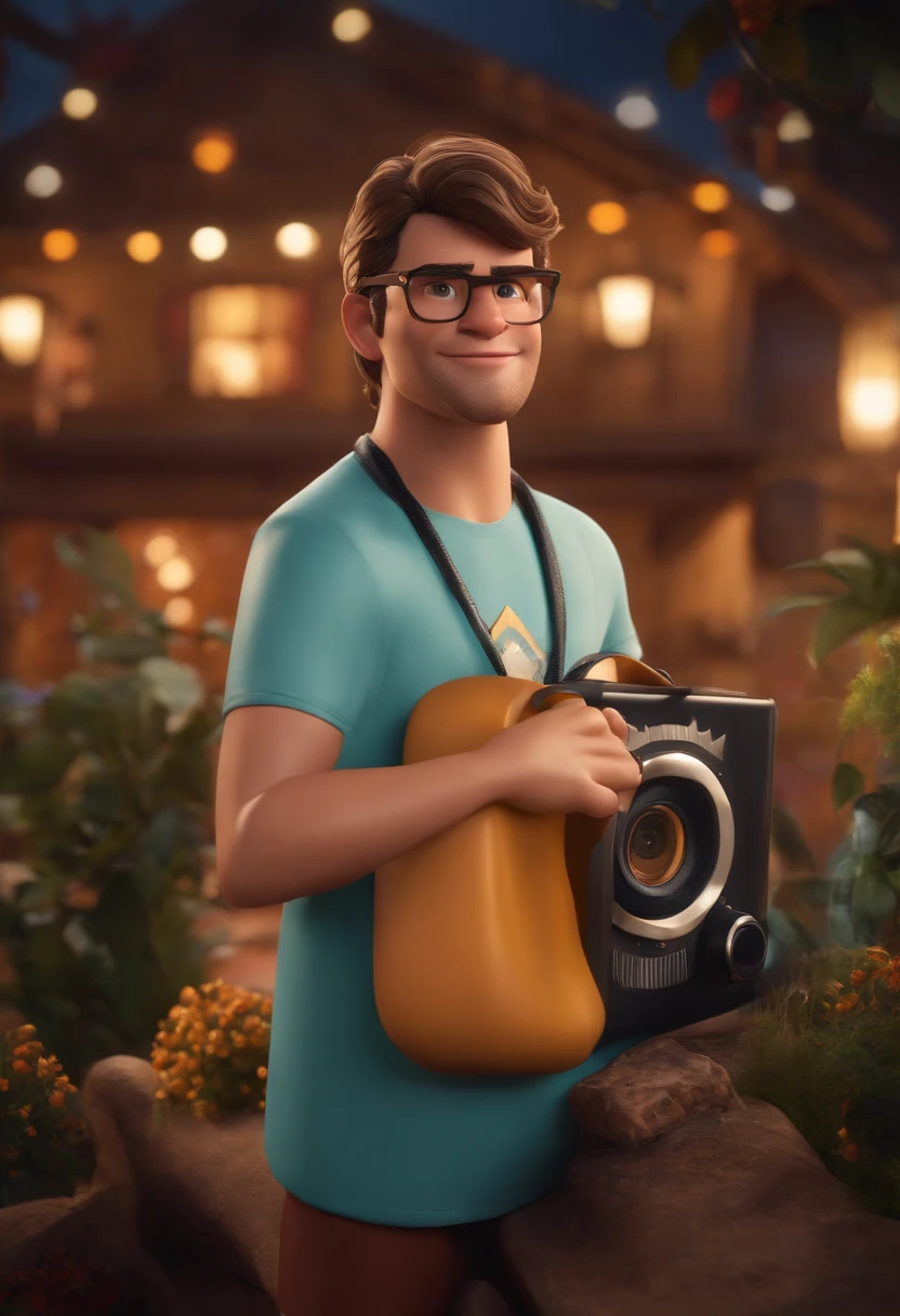 um homem, em breve, barba curta, olhos castanhos, com fones de ouvido, A music studio in the background, Imagem no estilo Pixar, Estilo de filme animado 3D, Disney, camiseta preta