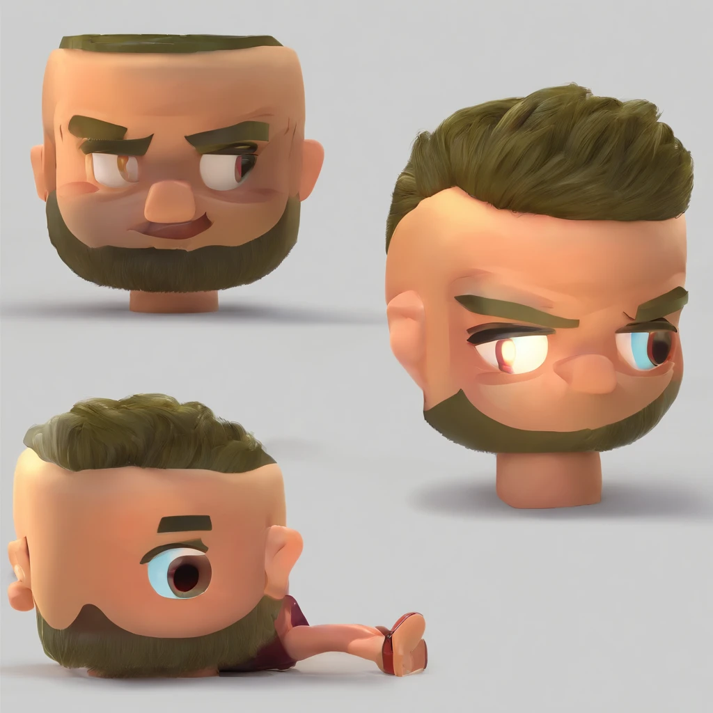 Criar um personagem no estilo Pixar. Trata-se de um homem de 30 anos, com barba por fazer, moreno, com cabelos pretos curtos, e olhos azuis esverdeado. Ele deve estar em um campo de futebol.