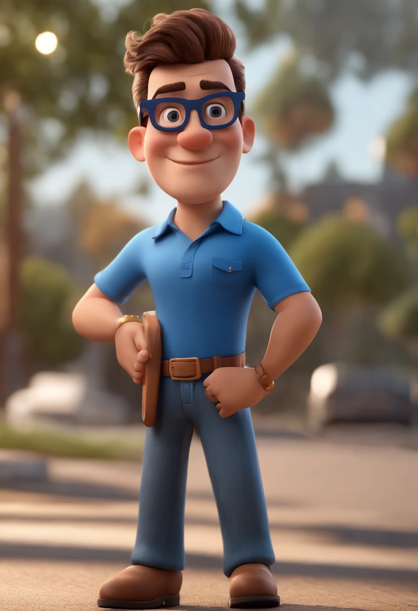 Cartoon character of a man with black glasses and a blue shirt, animation character, Caractere estilizado, animation style rendering, 3D estilizado, Arnold Maya render, 3 d render stylized, toon render keyshot, Personagem 3D, Personagem 3D, 3d rendering stylized, 3 d character render, personagem de desenho animado, Personagem de close up, Pose de personagem,  (Estilo Pixar) (master part:1.2) (Bokeh) (best quality) (pele detalhada) (textura detalhada) (8k) (argila) (Cinematic lighting) (foco nítido