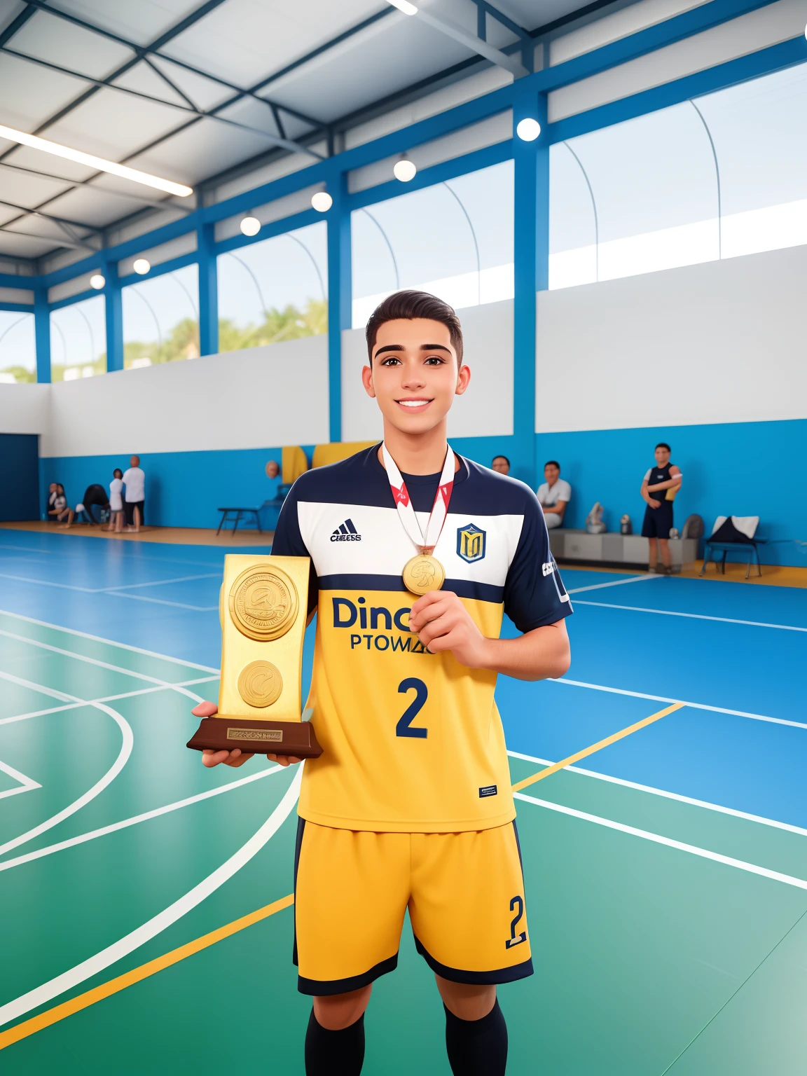 Arafed boy holding a trophy in a room with people, headset
