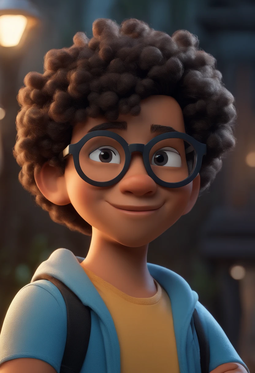 Cartoon character of a black curly haired teenager with round black glasses and a blue shirt, animation character, Caractere estilizado, animation style rendering, 3D estilizado, 3 d render stylized,toon rendering, Personagem 3D, Personagem 3D, 3d rendering stylized, 3 d character render, personagem de desenho animado, (Estilo Pixar),(melhor qualidade) (pele detalhada) (textura detalhada) (8k),(Cinematic lighting) (foco nítido