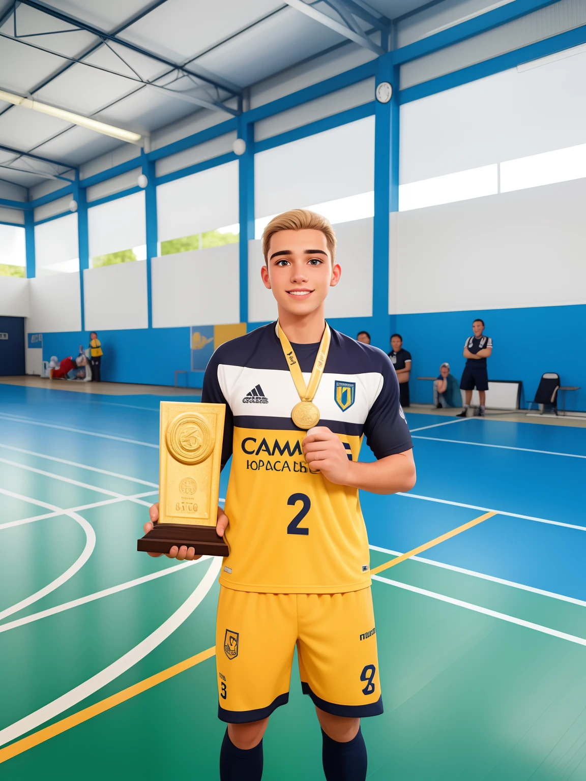 Um garoto de 24 anos, com cabelos castanhos lisos, face de diamante, olhos puxados, e olhos pretos, atleta de handebol, vestindo uniforme amarelo do time Praia Clube, with the number 2 on the shirt, with a champion's medal around his neck, Holding the trophy.