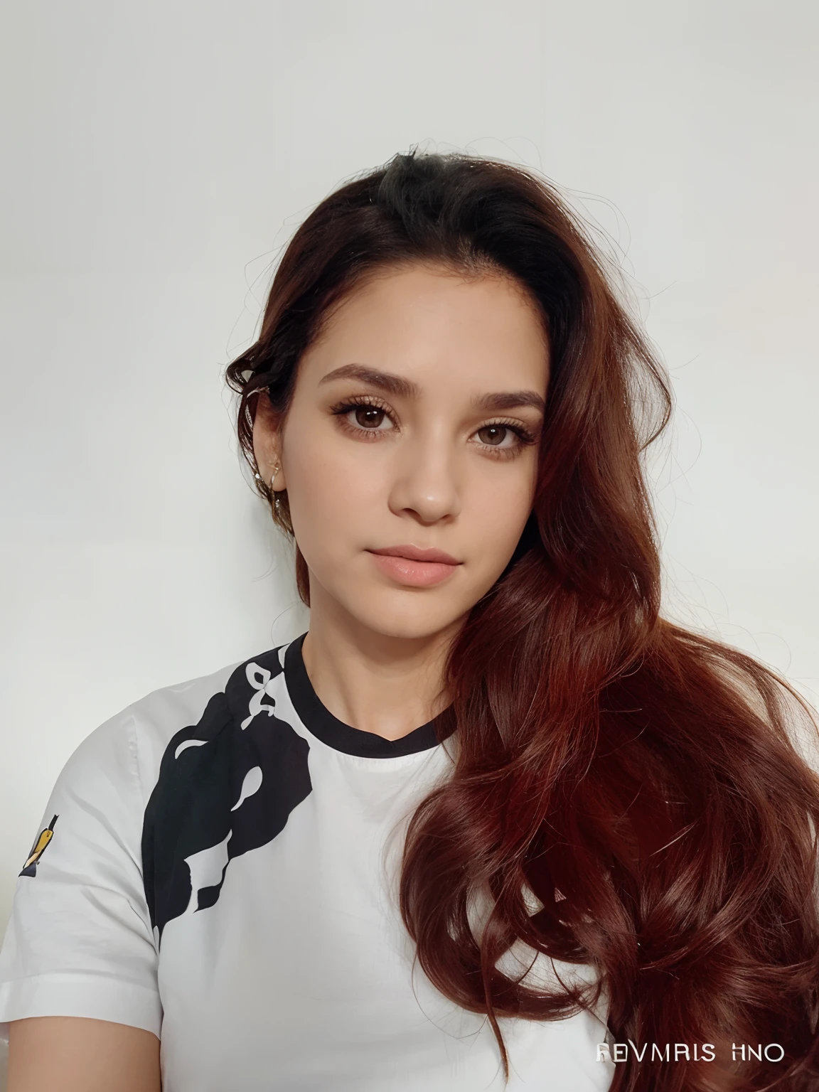 30 year old woman in her room with white wall in the background. Cabello colorado, brown eyes, thin chin, labios medianos, vestido verde sacando una foto.