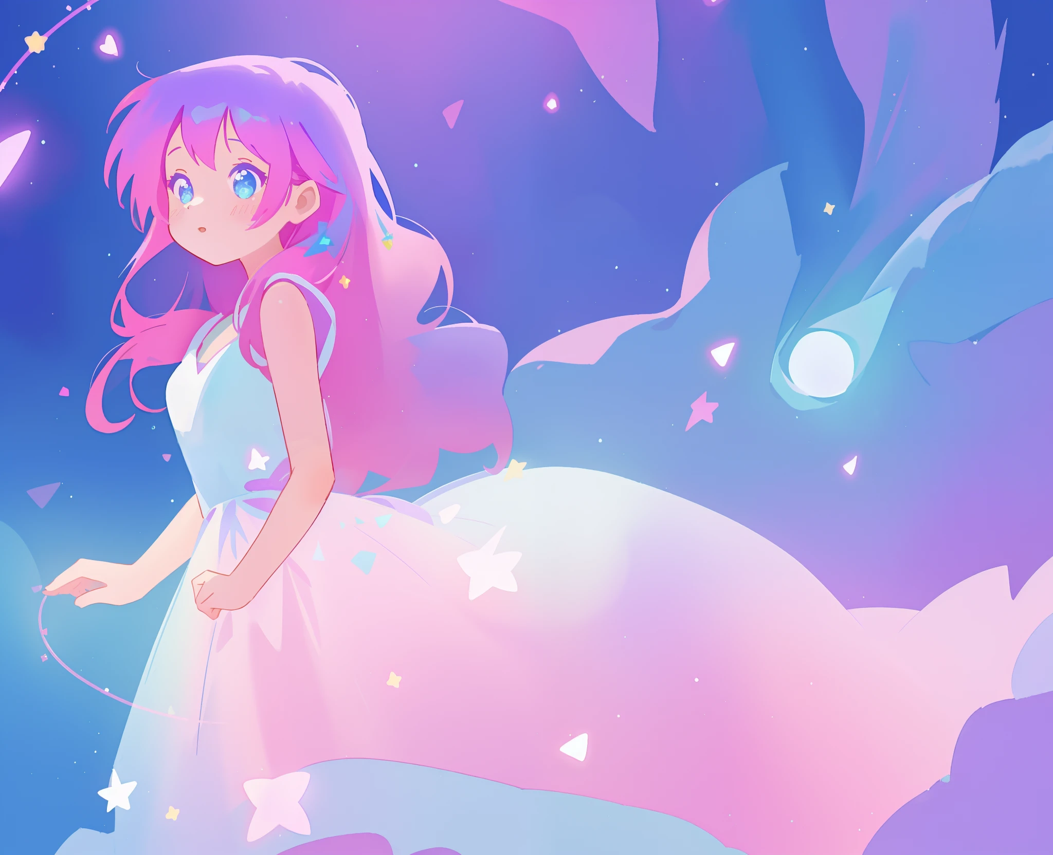 beautiful girl in colorful sparkling flowing ballgown, long flowing purple pink hair, colorful sparkling lights, purple blue pink white theme, colorful fantasia background, watercolor illustration, glowing aura around her, glowing lights, beautiful digital illustration, beautiful, masterpiece, best quality