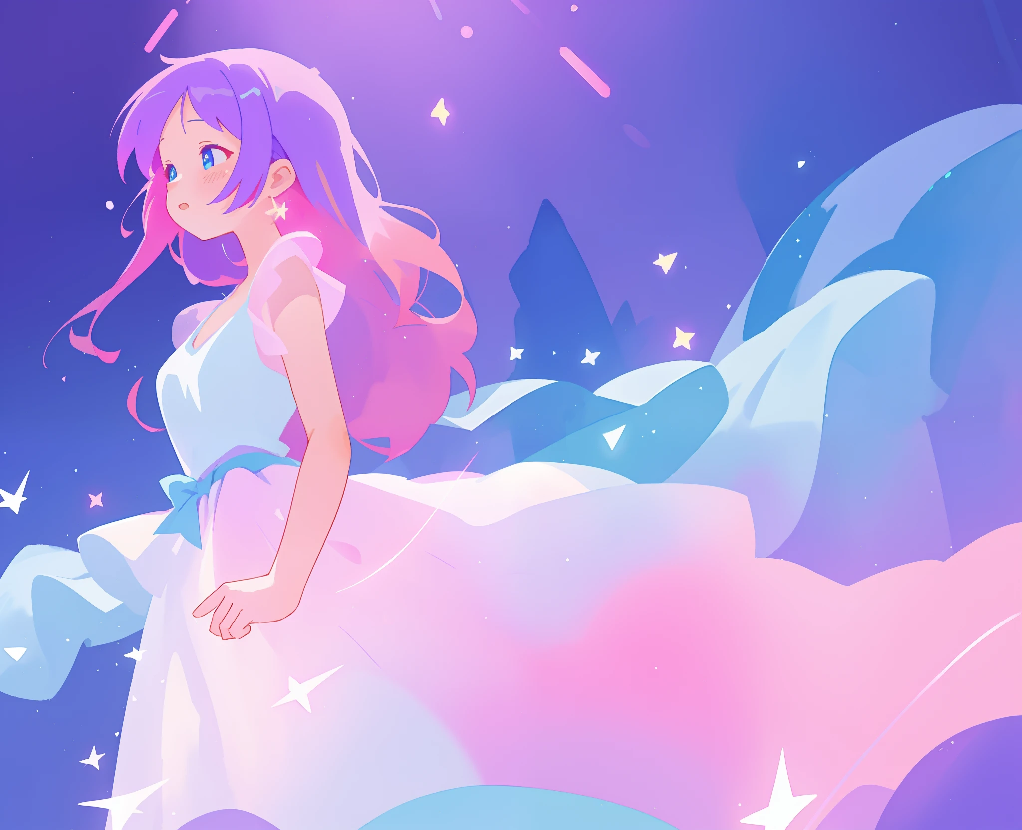 beautiful girl in colorful sparkling flowing ballgown, long flowing purple pink hair, colorful sparkling lights, purple blue pink white theme, colorful fantasia background, watercolor illustration, glowing aura around her, glowing lights, beautiful digital illustration, beautiful, masterpiece, best quality
