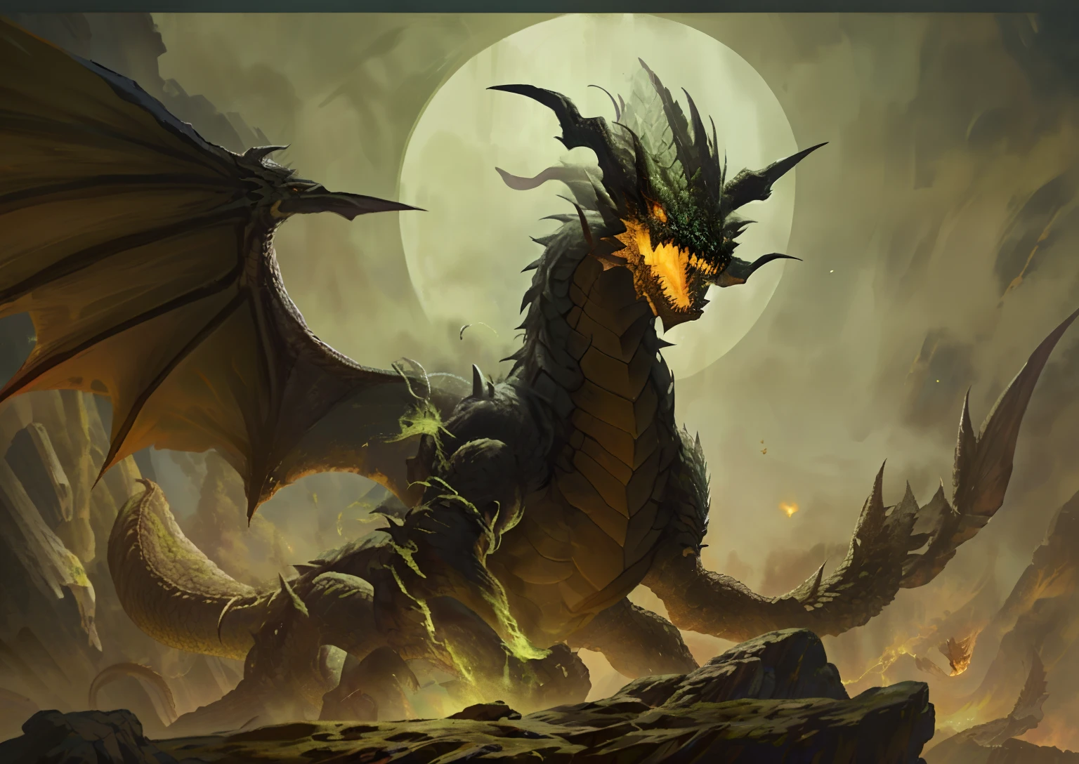 A demonic dragon attacks a human skull in the dark, Spooky Scene, Green Dragon, D & d fantasy digital art, Black Dragon, epic dragon, colossal dragon in background, alduin, D&D Commission Art Dragon, Искусство Dungeon anD Dragons, dark fantasy style art, dragon art, dragon in the background, Massive Green Dragon!!!, D & D Fantasy Digital Painting
