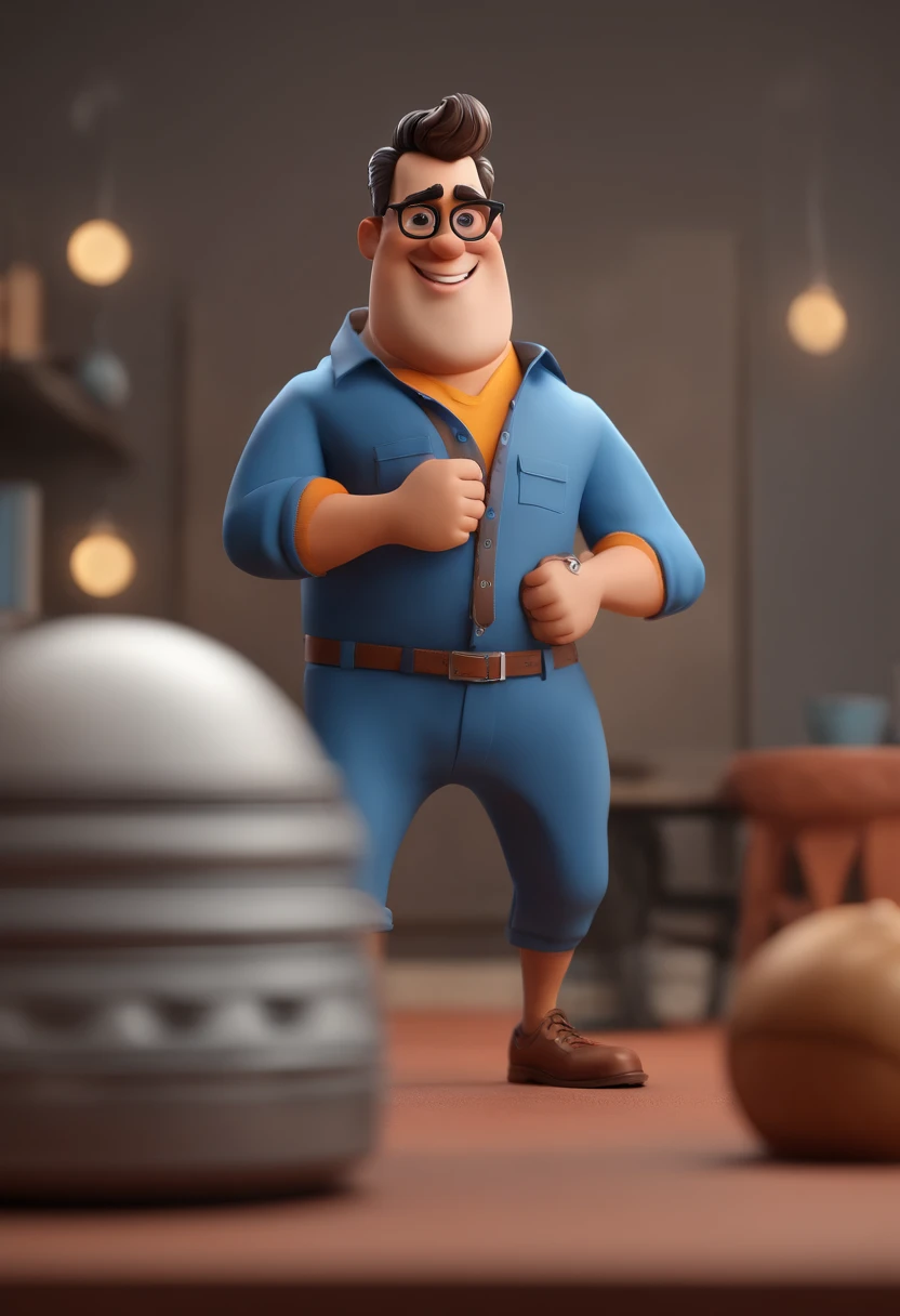 Cartoon character of a man with black glasses and a blue shirt, animation character, Caractere estilizado, animation style rendering, 3D estilizado, Arnold Maya render, 3 d render stylized, toon render keyshot, Personagem 3D, Personagem 3D, 3d rendering stylized, 3 d character render, personagem de desenho animado, Personagem de close up, Pose de personagem,  (Estilo Pixar) (master part:1.2) (Bokeh) (best quality) (pele detalhada) (textura detalhada) (8k) (argila) (Cinematic lighting) (foco nítido