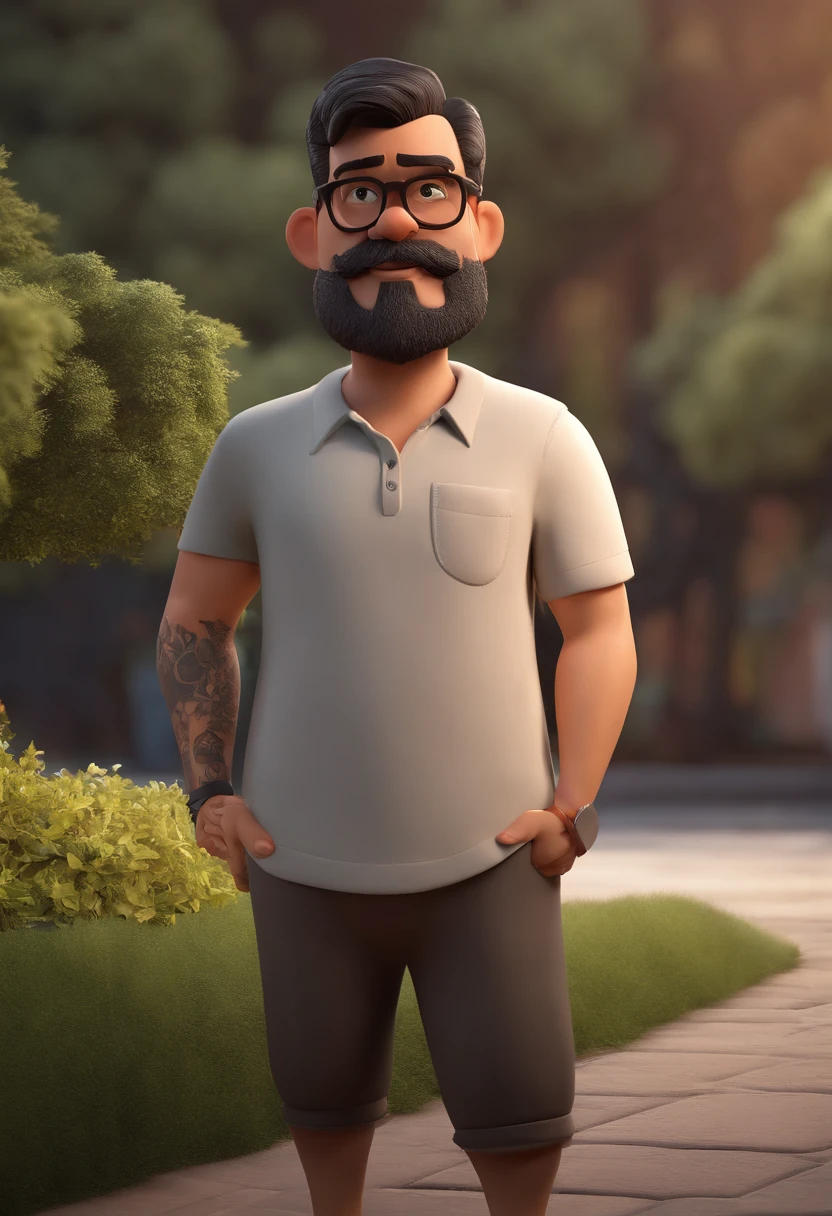 Cartoon character of a man with black glasses and a black polo shirt, cabelo liso, With beard and old school tattoo on his arm, animation character, Caractere estilizado, animation style rendering, 3D estilizado, Arnold Maya render, 3 d render stylized, toon render keyshot, Personagem 3D, Personagem 3D, 3d rendering stylized, 3 d character render, personagem de desenho animado, Personagem de close up, Pose de personagem,  (Estilo Pixar) (master part:1.2) (Bokeh) (best quality) (pele detalhada) (textura detalhada) (8k) (argila) (Cinematic lighting) (foco nítido
