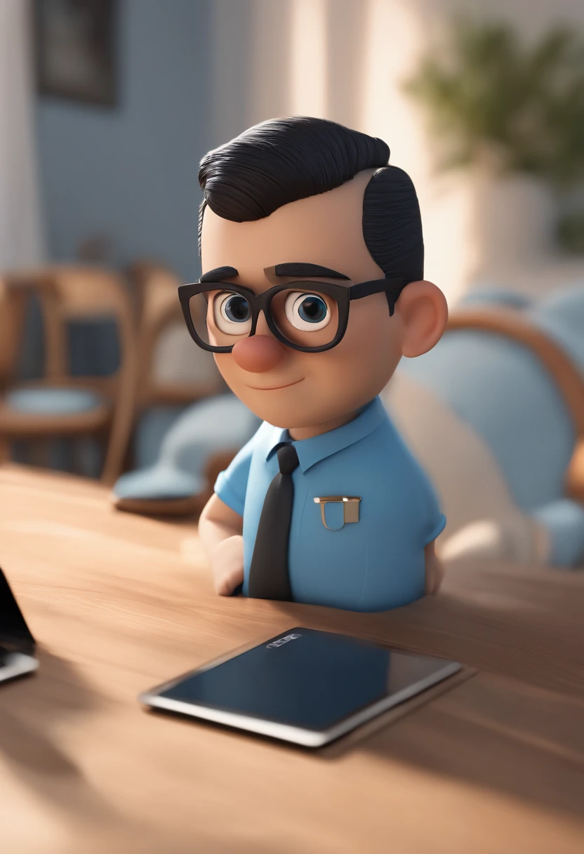 Cartoon character of a bald man wearing black glasses and a blue shirt, em frente a telas de computadores um personagem animado, Caractere estilizado, animation style rendering, 3D estilizado, Arnold Maya render, 3 d render stylized, toon render keyshot, Personagem 3D, Personagem 3D, 3d rendering stylized, 3 d character render, personagem de desenho animado, Personagem de close up, Pose de personagem, (Estilo Pixar) (master part:1.2) (Bokeh) (best quality) (pele detalhada) (textura detalhada) (8k) (argila) (Cinematic lighting) (foco nítido,Senta e vaza a parte superior do corpo