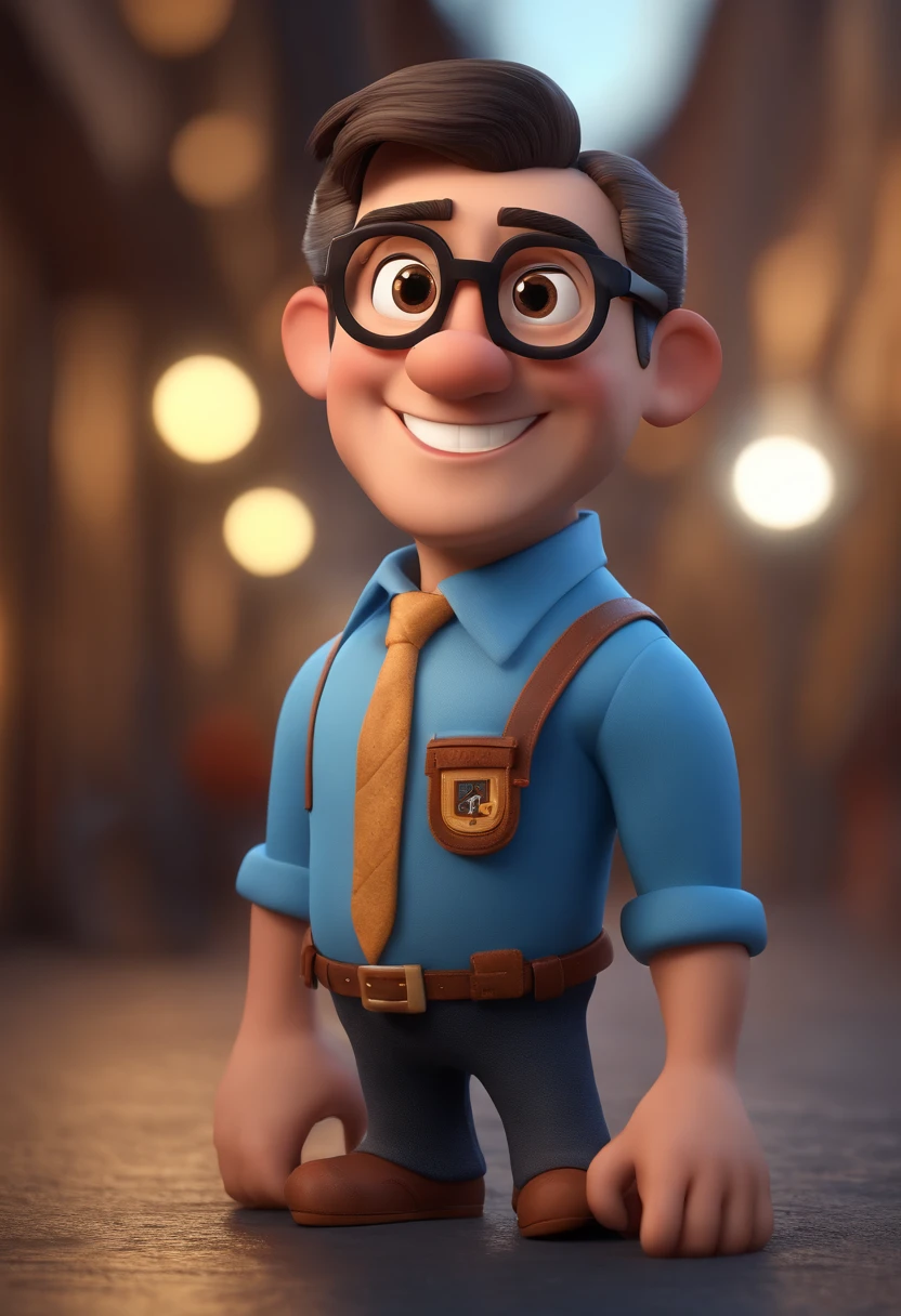 Cartoon character of a man with black glasses and a blue shirt, animation character, Caractere estilizado, animation style rendering, 3D estilizado, Arnold Maya render, 3 d render stylized, toon render keyshot, Personagem 3D, Personagem 3D, 3d rendering stylized, 3 d character render, personagem de desenho animado, Personagem de close up, Pose de personagem, (Estilo Pixar) (master part:1.2) (Bokeh) (best quality) (pele detalhada) (textura detalhada) (8k) (argila) (Cinematic lighting) (foco nítido