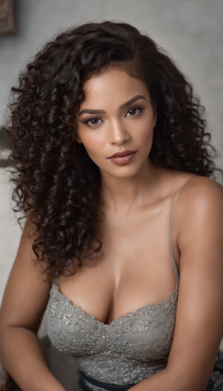 A beautiful and amazing black Brazilian woman,portrait of headshots, sitting on chair, large breasts, Free curls, Black curly hair, (dark shorter curly hair), Wild black long curly hair, multiversal hair, Brazilian, Short black curly hair, Curly black hair, Curls, wavy hair spread out, Baroque curls, curlies, curly, Fair curly hair, Hair texture, curly bang