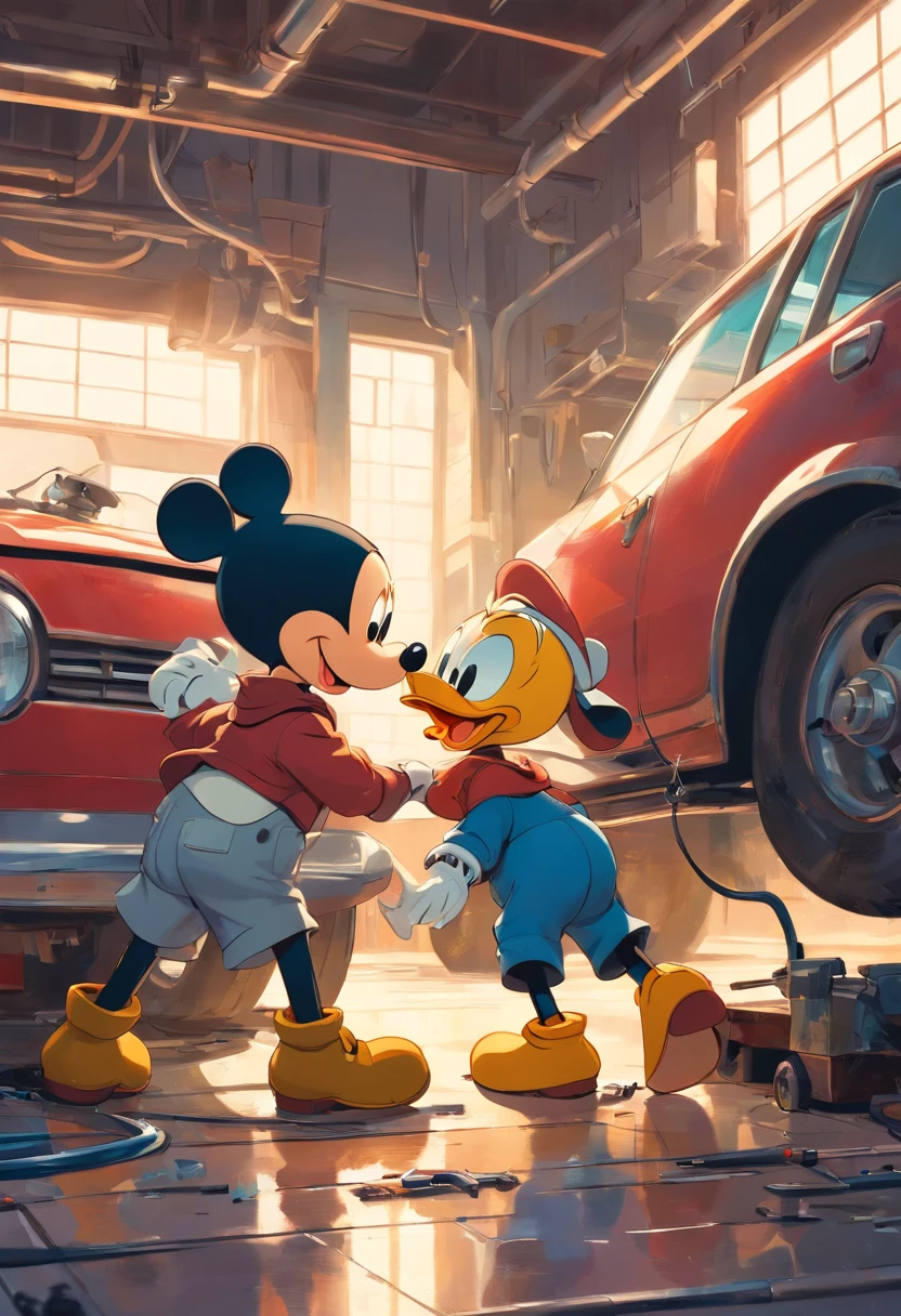 "A masterpiece illustration of Mickey Mouse and Donald Duck as a skilled mechanic repairing a car, With perfect body proportions and an impeccably detailed head, in high definition."