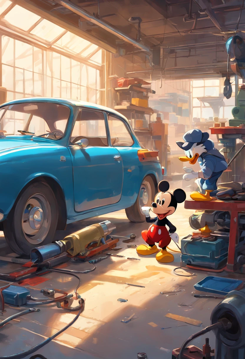 "A masterpiece illustration of Mickey Mouse and Donald Duck as a skilled mechanic repairing a car, With perfect body proportions and an impeccably detailed head, in high definition."