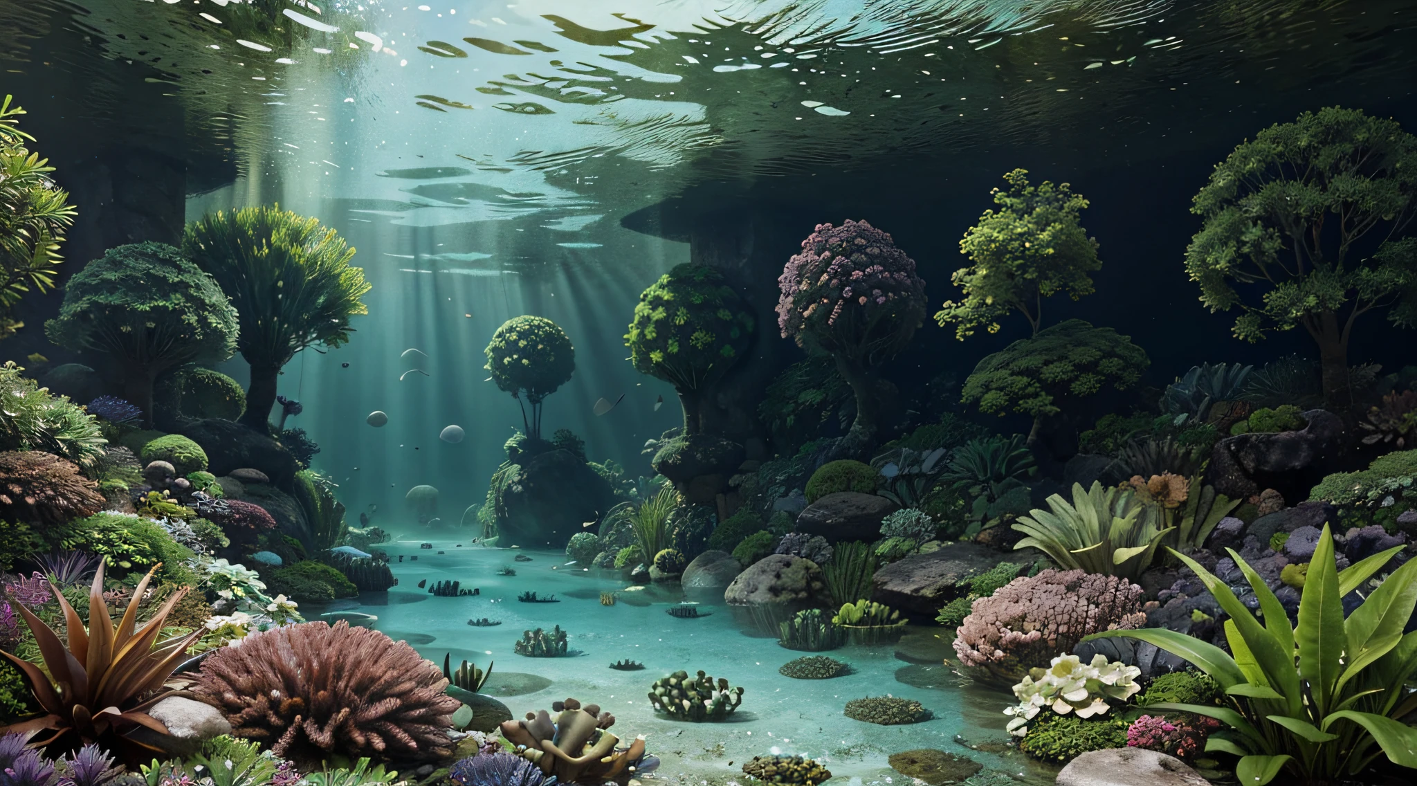 4. Surreal, Underwater garden, cheio de plantas brilhantes, pintura digital