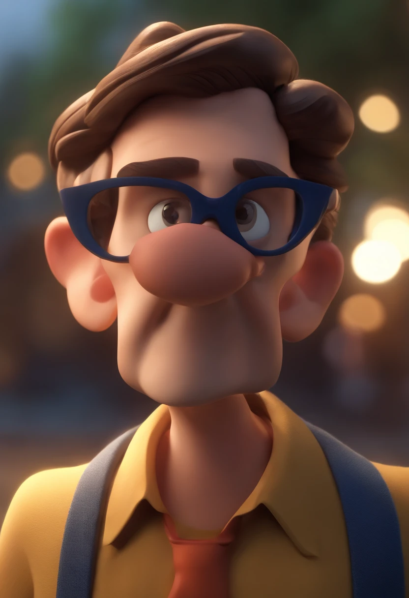 Cartoon character of a man wearing black glasses and a blue shirt, um personagem animado, Caractere estilizado, animation style rendering, 3D estilizado, Arnold Maya render, 3 d render stylized, toon render keyshot, Personagem 3D, Personagem 3D, 3d rendering stylized, 3 d character render, personagem de desenho animado, Personagem de close up, Pose de personagem, (Estilo Pixar) (master part:1.2) (Bokeh) (best quality) (pele detalhada) (textura detalhada) (8k) (argila) (Cinematic lighting) (foco nítido,Senta e vaza a parte superior do corpo