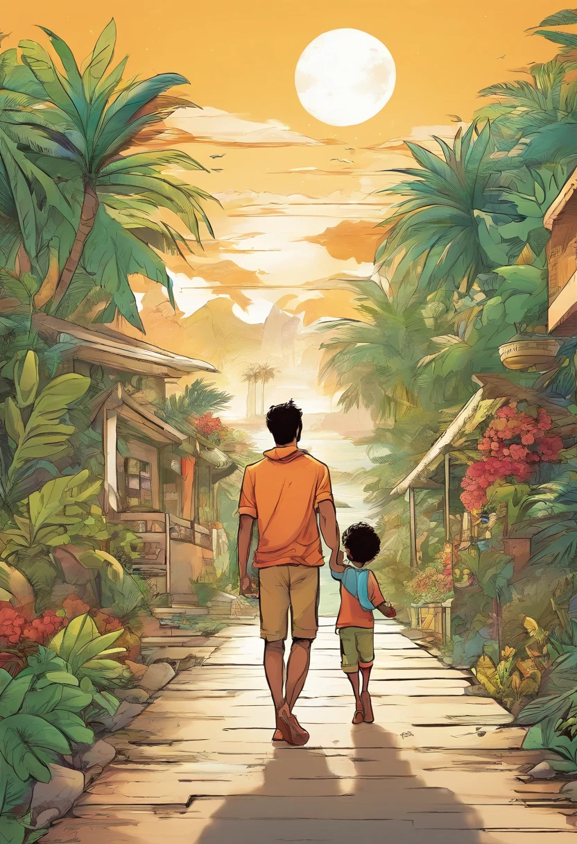 Cute tropical house man walking with a child