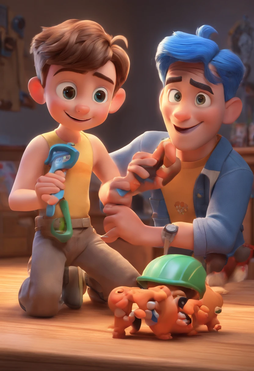 Estilo Pixar: The grown man is holding a naked blue-eyed boy and in his other hand he is holding a pair of scissors and is trying to cut off the boy's testicles,3D Poster,Disney