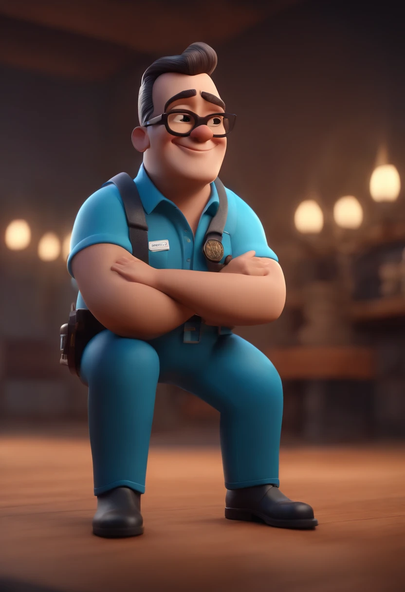 Cartoon character of a man wearing black glasses and a blue shirt, um personagem animado, Caractere estilizado, animation style rendering, 3D estilizado, Arnold Maya render, 3 d render stylized, toon render keyshot, Personagem 3D, Personagem 3D, 3d rendering stylized, 3 d character render, personagem de desenho animado, Personagem de close up, Pose de personagem, (Estilo Pixar) (master part:1.2) (Bokeh) (best quality) (pele detalhada) (textura detalhada) (8k) (argila) (Cinematic lighting) (foco nítido，Senta e vaza a parte superior do corpo