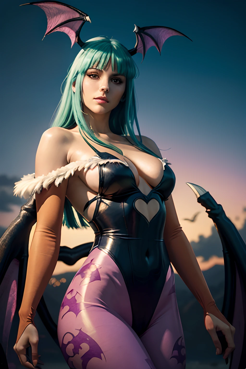 Creative artist's impression of the Morrigan Aensland character from the game Darkstalkers in hyper realistic style, with bat wings on the head, (asas de morcego nas costas), cabelo verde, black swimsuit, purple pantyhose, Beige gloves covering the entire arm, medium bust, rosto de pele branca, a noite, lunar illumination.