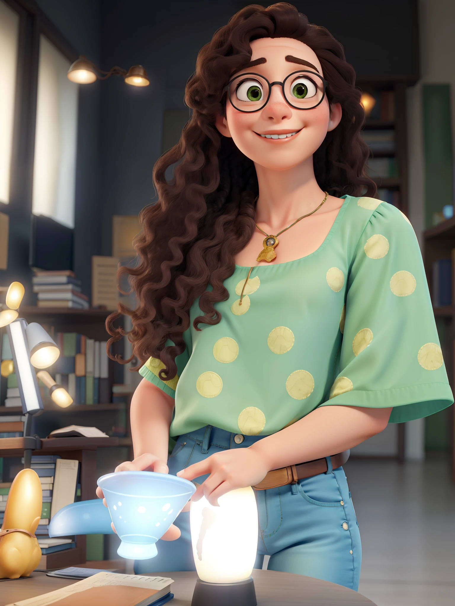 A wise girl with long brown curly hair smiling with a bible in her hand standing in front, illuminated by the light of a lamp, contra o pano de fundo de uma biblioteca. Estar em uma biblioteca, Dressed in a green blouse and blue jeans. It has Korean traits, rosto pequeno e arredondado, small neck. Olhos castanhos claro.