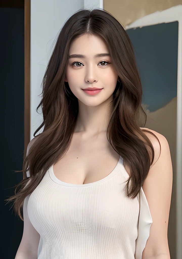 ((Best quality, 8k, Masterpiece :1.3)), 1girl, beautiful woman with emphasis on plump abs: 1.3, full body, (long hair, big breasts: 1.2), oversized tank top: 1.2, ultra-delicate face, delicate eyes, double eyelids, smile, home, random color clothes
