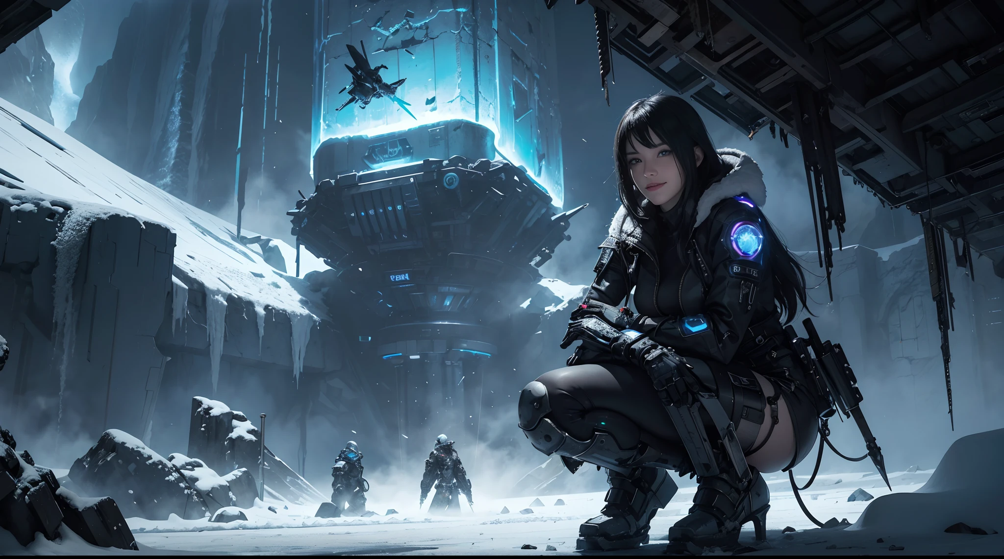 Cyberpunk, mechanical, broken, there is a picture of a very large iceberg, cyberpunk, mechanical, broken, with a lot of snow, dungeon background, icicle background, arena background, game background, dark dark cave background,a female warrior squatting down,((smile:1))