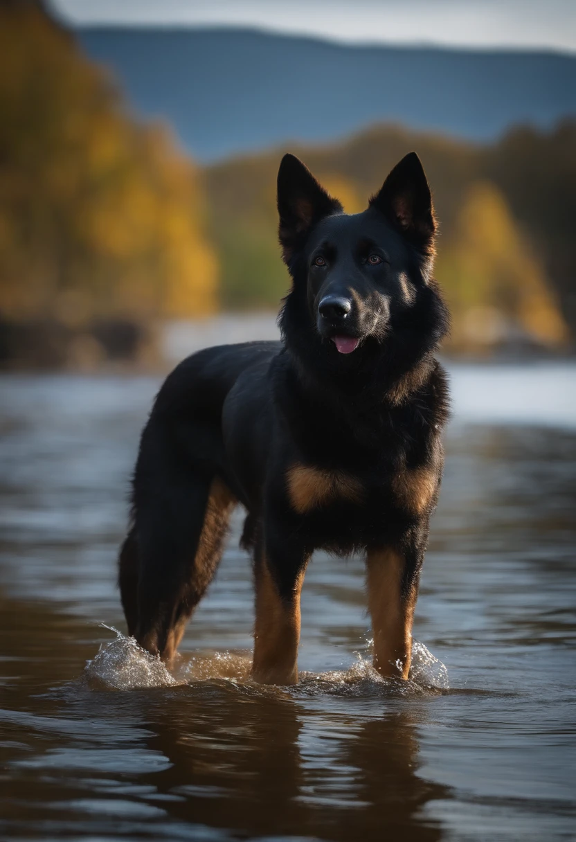 alsatian , (Pelo preto, patas castanhas), 8k, Extremamente realista, tenso, quente, altamente detalhado, afiado, Profissional, 8k UHD, Film, Ao ar livre, Rio, dramatic, vivid, Clima tenso, breeding, epic, anoitecer, HDR, Album cover art, nevasca, Standing on a rock in the river