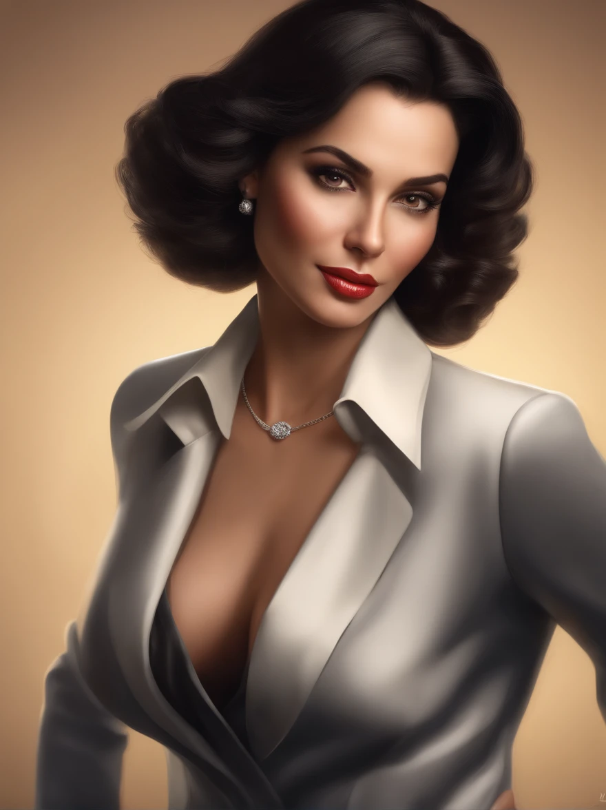 A photorealistic portrait, A lawyer with Latin features, white skin, upturned nose, shiny black hair on her shoulders and loose, Full body, perfect, statuesque body, perfect anatomy, large breasts. She had an elegant tailored suit with a miniskirt and plunging neckline. The best quality, ultra-realistic 8k