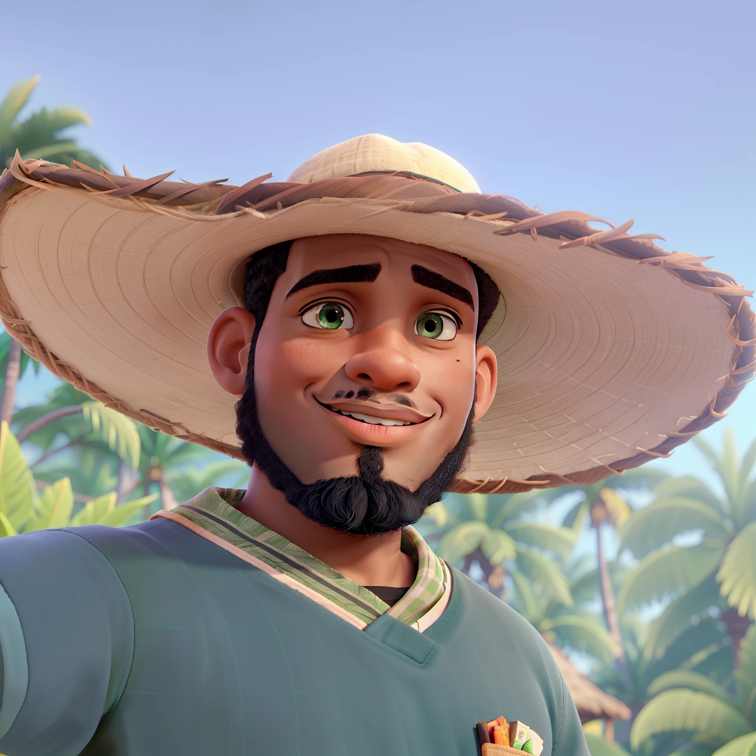selfie young black man, bald, with beard and hat, wearing dark green blouse, outdoors surrounded by tropical plants, quality 8k 4k