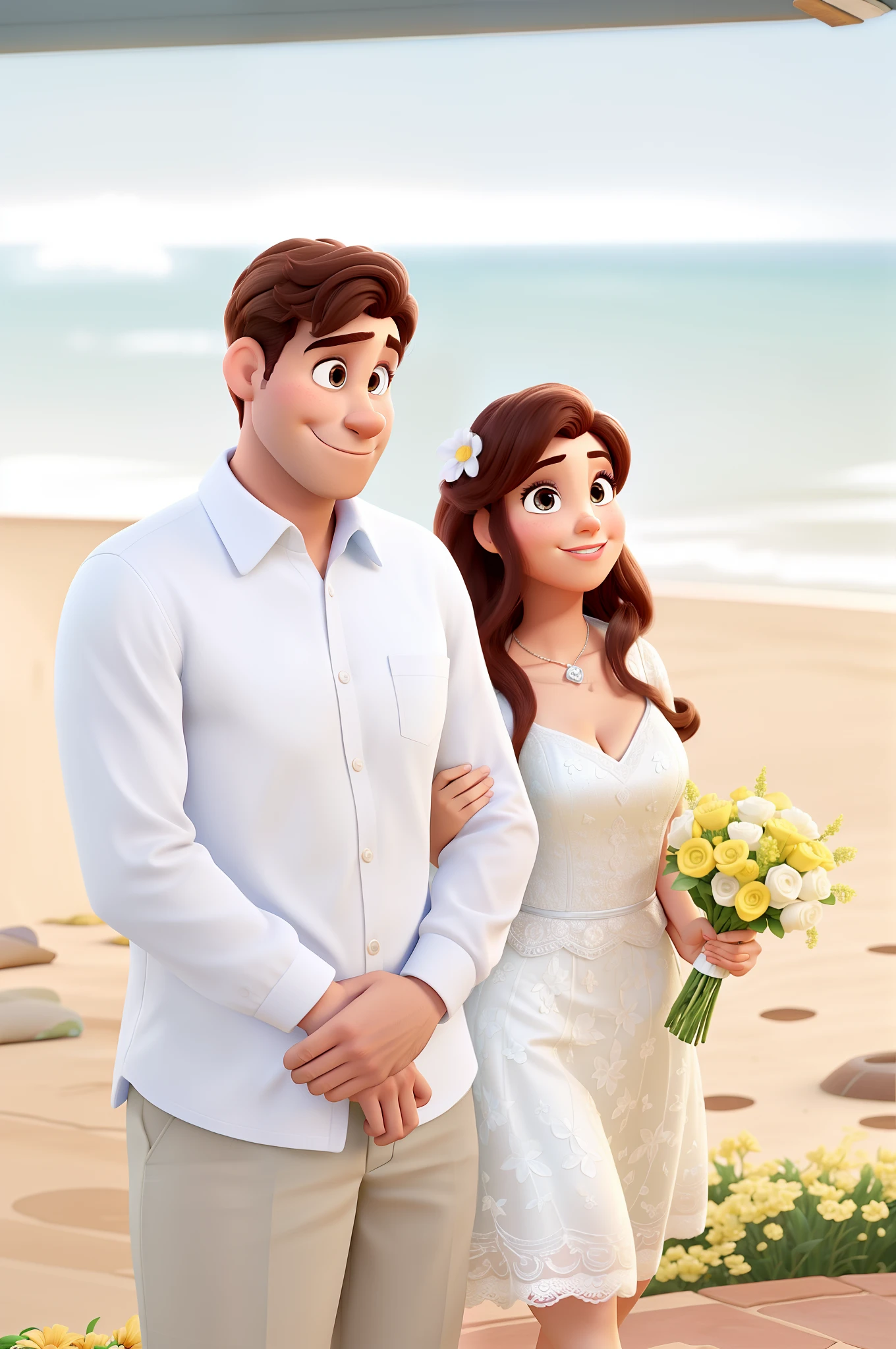 an engaged couple on top of a mountain with the sea in the background, the man in a light blue suit and the woman in a long crochet dress, they are hugging each other and the man has his hand on the woman's waist, and she is holding the bouquet. Disney Pixar style, high quality, best quality.