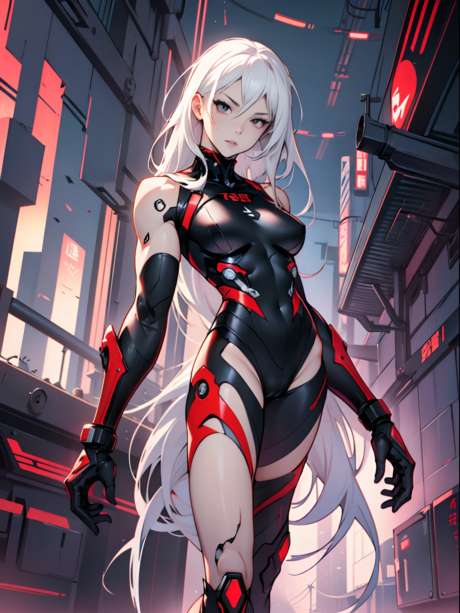 cyborg girl, red cybernetic leotard, anime style, pale skin, totally black eyes, wide hip, extreme beauty, full body, ruin background --auto --s2