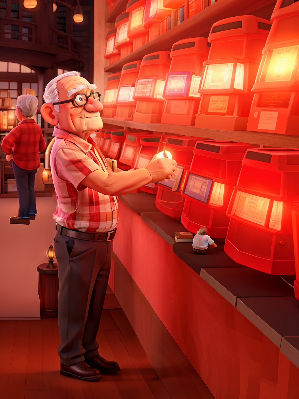 A wise old man standing in front, illuminated by the light of a lamp, against the backdrop of a library