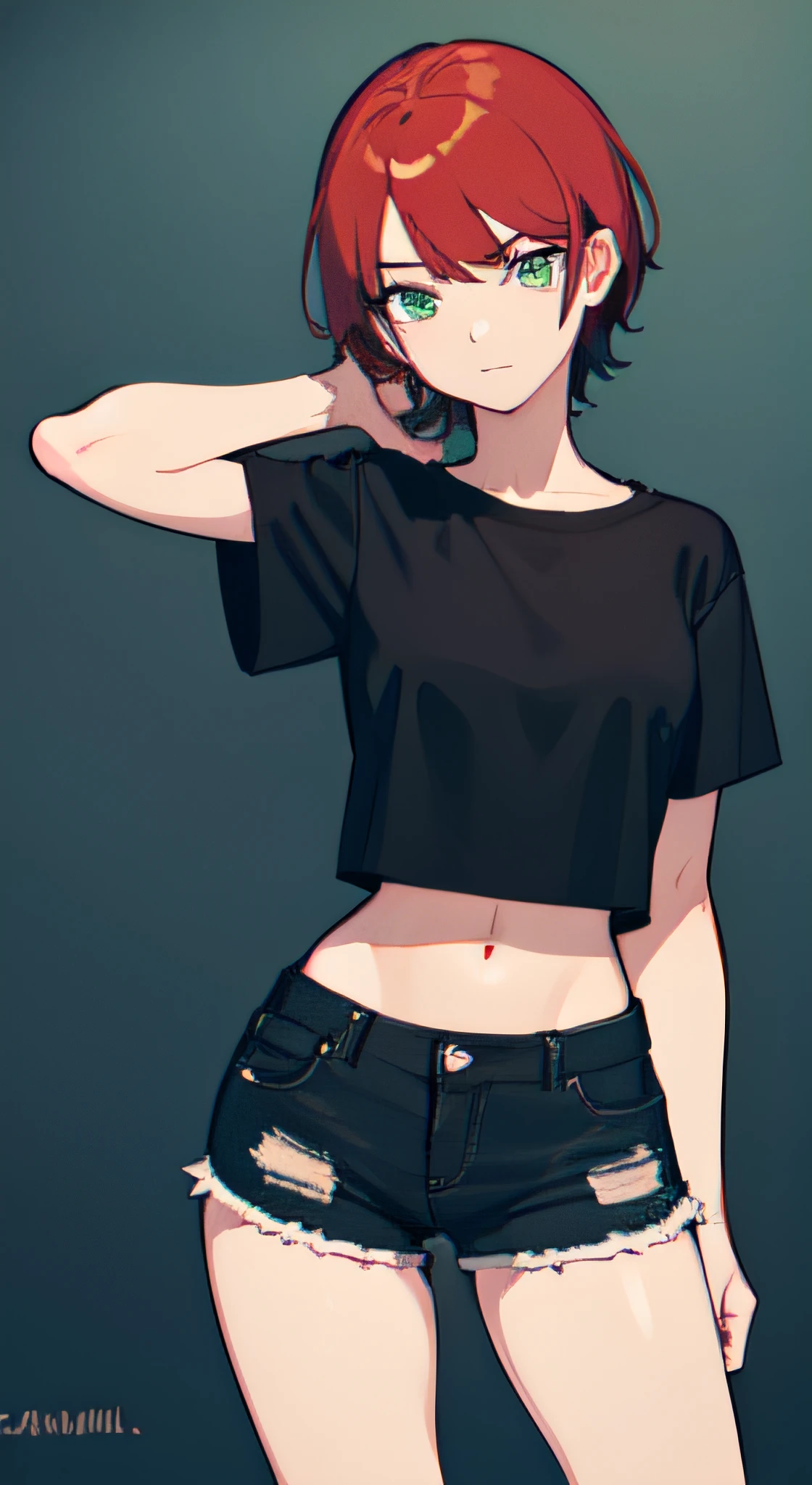 a 1girl, Green eyes, Skinny, short, Black T-shirt, blue shorts, redhead hair, Short Hair Hair, Beautiful figure, beatiful face, 18 years, Correct anatomy, pretty eyes, from back.