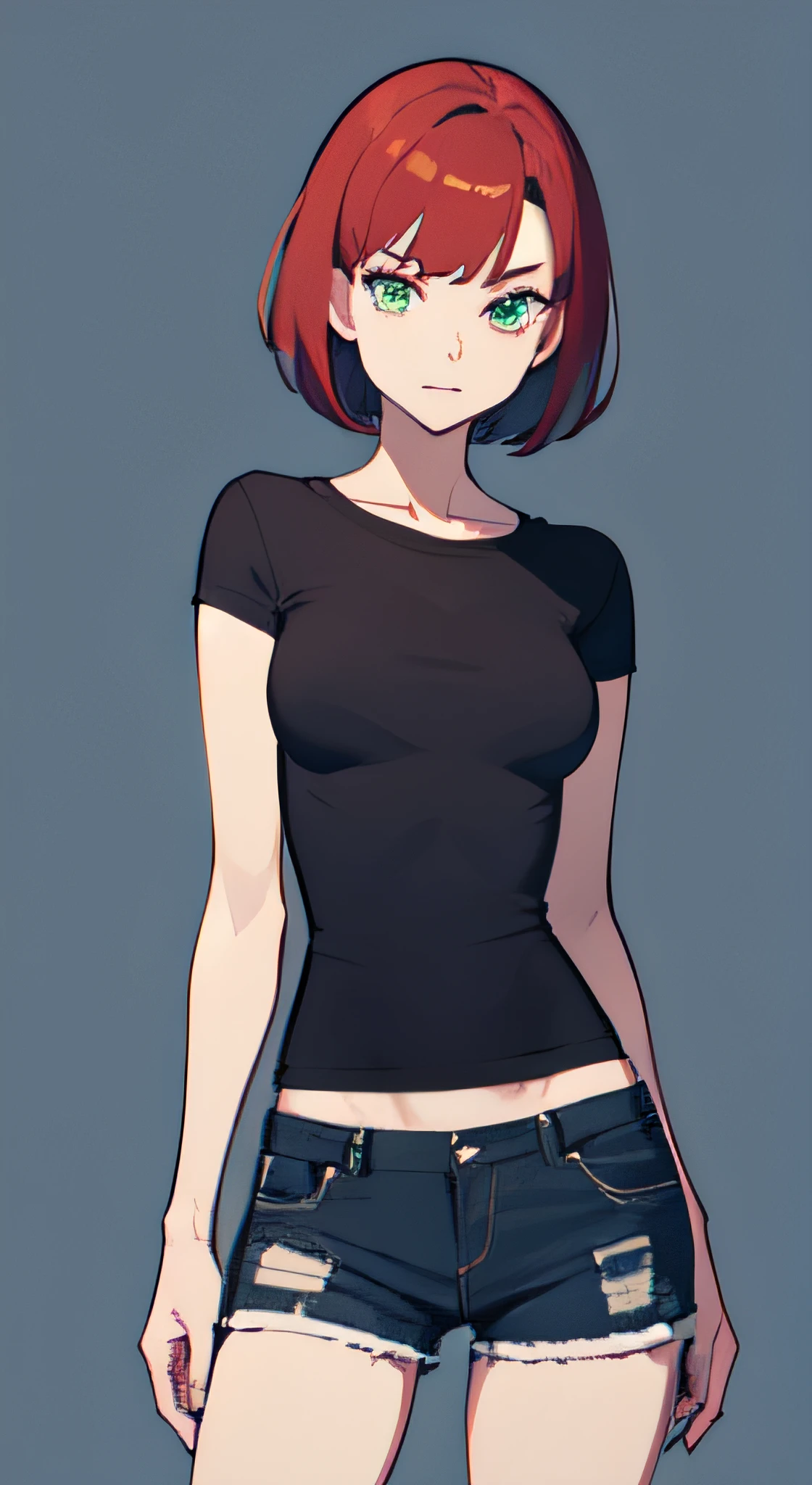 a 1girl, Green eyes, Skinny, short, Black T-shirt, blue shorts, redhead hair, Short Hair Hair, Beautiful figure, beatiful face, 18 years, Correct anatomy, pretty eyes, in full height.