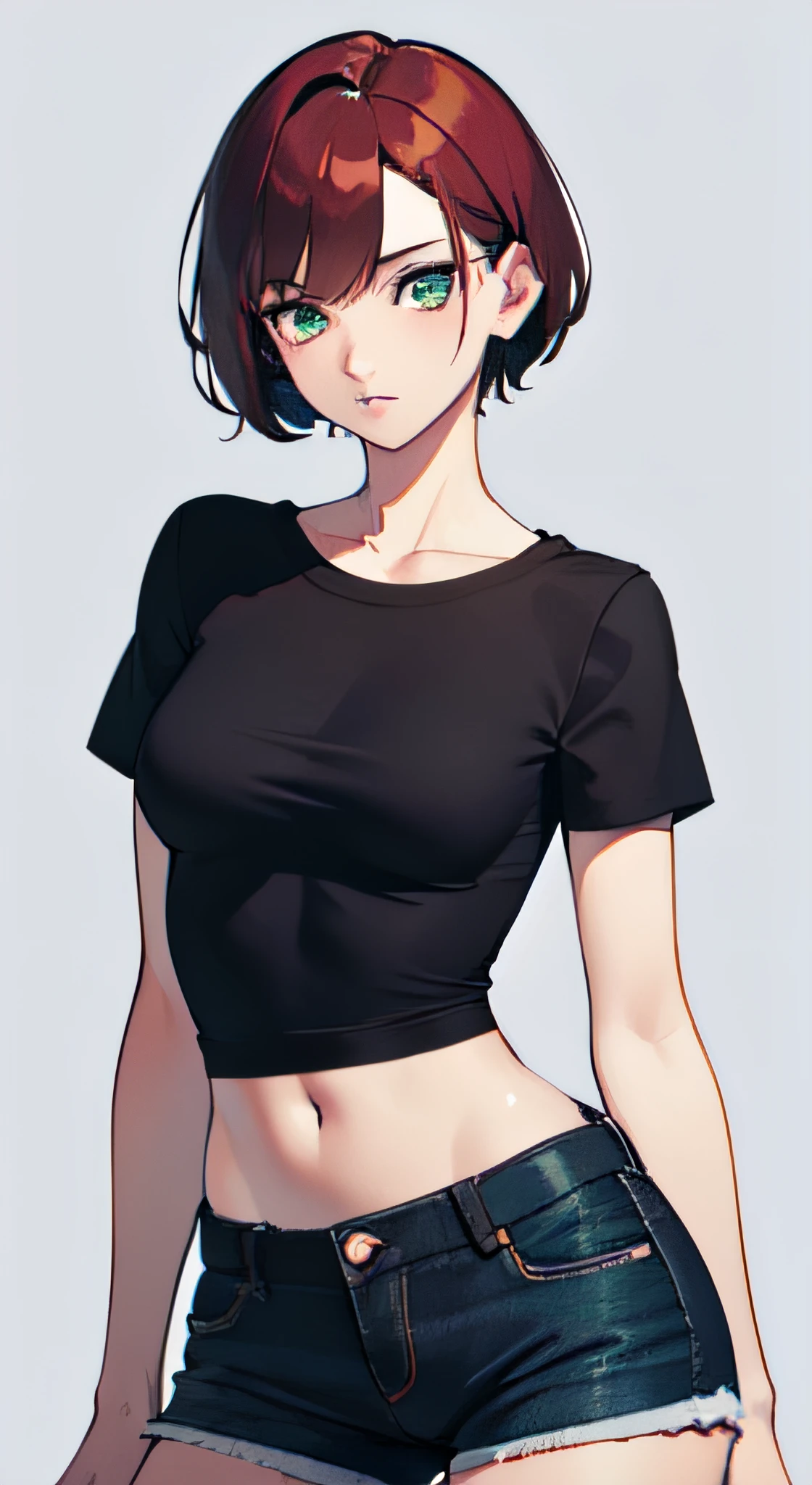 a 1girl, Green eyes, Skinny, short, Black T-shirt, blue shorts, redhead hair, Short Hair Hair, Beautiful figure, beatiful face, 18 years, Correct anatomy, pretty eyes, in full height.