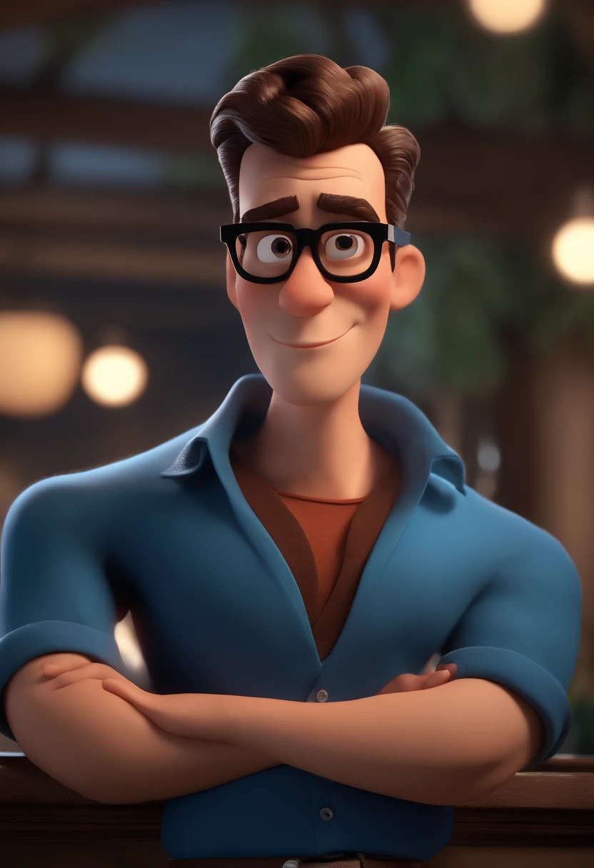 Cartoon character of a man with black glasses and a blue shirt, animation character, Caractere estilizado, animation style rendering, 3D estilizado, Arnold Maya render, 3 d render stylized, toon render keyshot, Personagem 3D, Personagem 3D, 3d rendering stylized, 3 d character render, personagem de desenho animado, Personagem de close up, Pose de personagem, (Estilo Pixar) (master part:1.2) (Bokeh) (best quality) (pele detalhada) (textura detalhada) (8k) (argila) (Cinematic lighting) (foco nítido