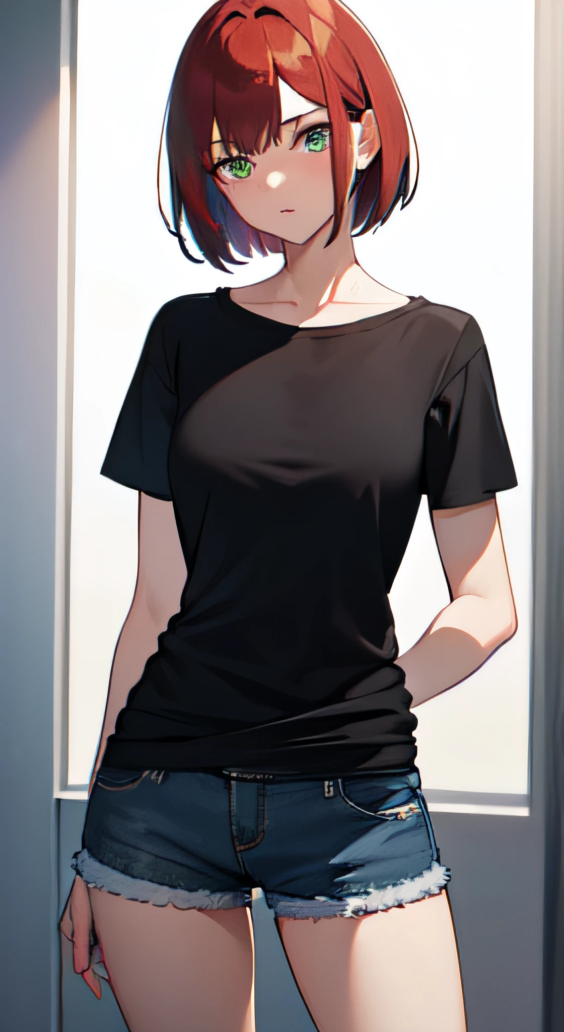 a 1girl, Green eyes, Skinny, short, Black T-shirt, blue shorts, redhead hair, Short Hair Hair, Beautiful figure, beatiful face, 18 years, Correct anatomy, pretty eyes, in full height.