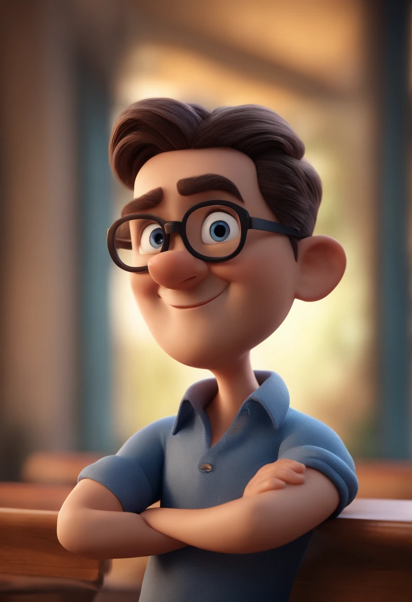 Cartoon character of a man with black glasses and a blue shirt, animation character, Caractere estilizado, animation style rendering, 3D estilizado, Arnold Maya render, 3 d render stylized, toon render keyshot, Personagem 3D, Personagem 3D, 3d rendering stylized, 3 d character render, personagem de desenho animado, Personagem de close up, Pose de personagem, (Estilo Pixar) (master part:1.2) (Bokeh) (best quality) (pele detalhada) (textura detalhada) (8k) (argila) (Cinematic lighting) (foco nítido