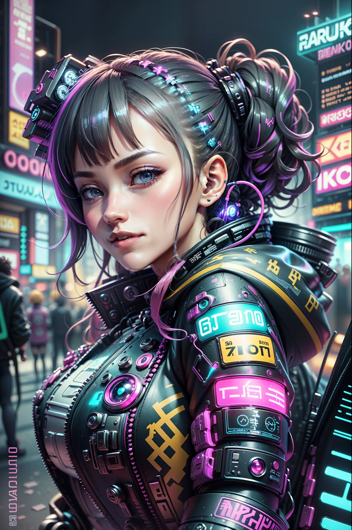 Anime masterpiece, best quality, 2 smiling teenaged cyberpunk girls ((wearing detailed Harajuku tech jackets)) standing together taking selfie portrait, (((Harajuku cyberpunk clothing)))), bold colors and patterns, eye-catching accessories, trendy and innovative hairstyle))), ((insane detail)), dazzling Cyberpunk cityscape, skyscrapers, glowing neon signs, (LED lights), anime illustration, detailed skin texture, detailed cloth texture, beautiful detailed face, intricate details, ultra detailed, cinematic lighting, strong contrast. --auto --s2