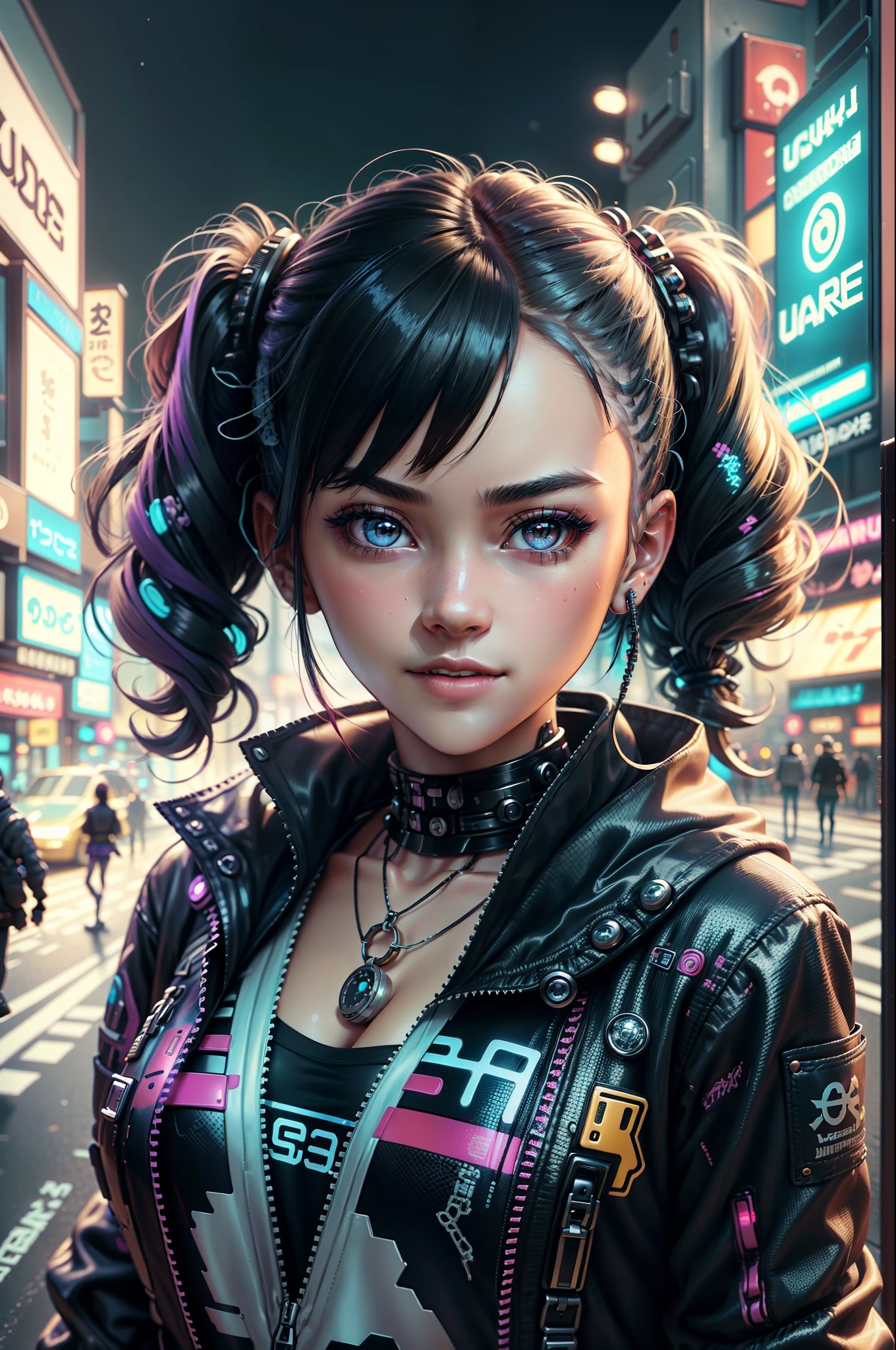 Anime masterpiece, best quality, 2 smiling aged cyberpunk girls ((wearing detailed Harajuku tech jackets)) standing together taking selfie portrait, (((Harajuku cyberpunk clothing)))), bold colors and patterns, eye-catching accessories, trendy and innovative hairstyle))), ((insane detail)), dazzling Cyberpunk cityscape, skyscrapers, glowing neon signs, (LED lights), anime illustration, detailed skin texture, detailed cloth texture, beautiful detailed face, intricate details, ultra detailed, cinematic lighting, strong contrast. --auto --s2