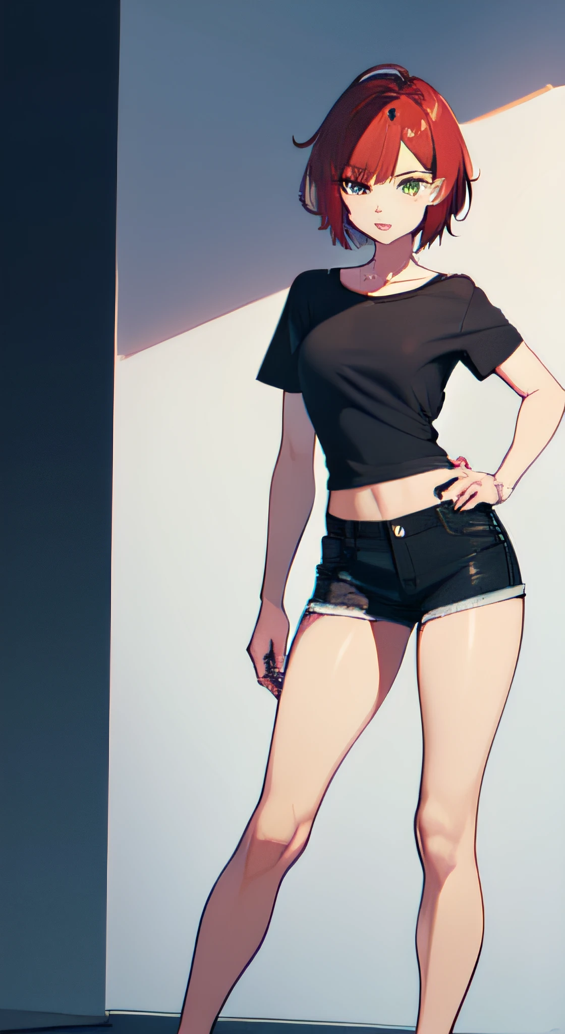 a 1girl, Green eyes, Skinny, short, Black T-shirt, blue shorts, redhead hair, Short Hair Hair, Beautiful figure, beatiful face, 18 years, Correct anatomy, pretty eyes, in full height.