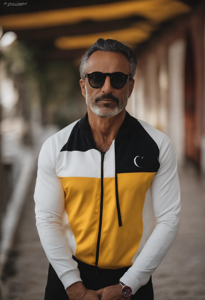 Homem, 54 anos, cabelo grisalho, 1,80cm, 83kgs, sem barba, branco, Black tracksuit shirt and round glasses with yellow lenses