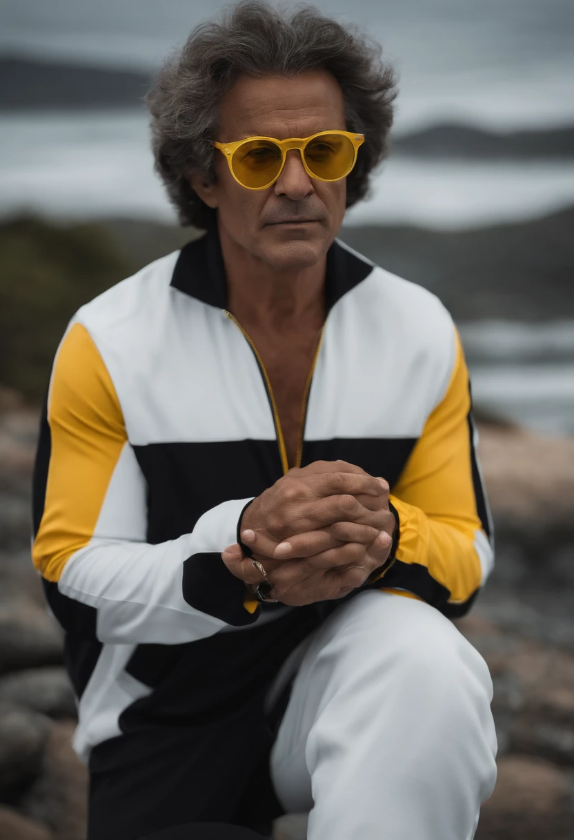 Homem, 54 anos, cabelo grisalho, 1,80cm, 83kgs, sem barba, branco, Black tracksuit shirt and round glasses with yellow lenses