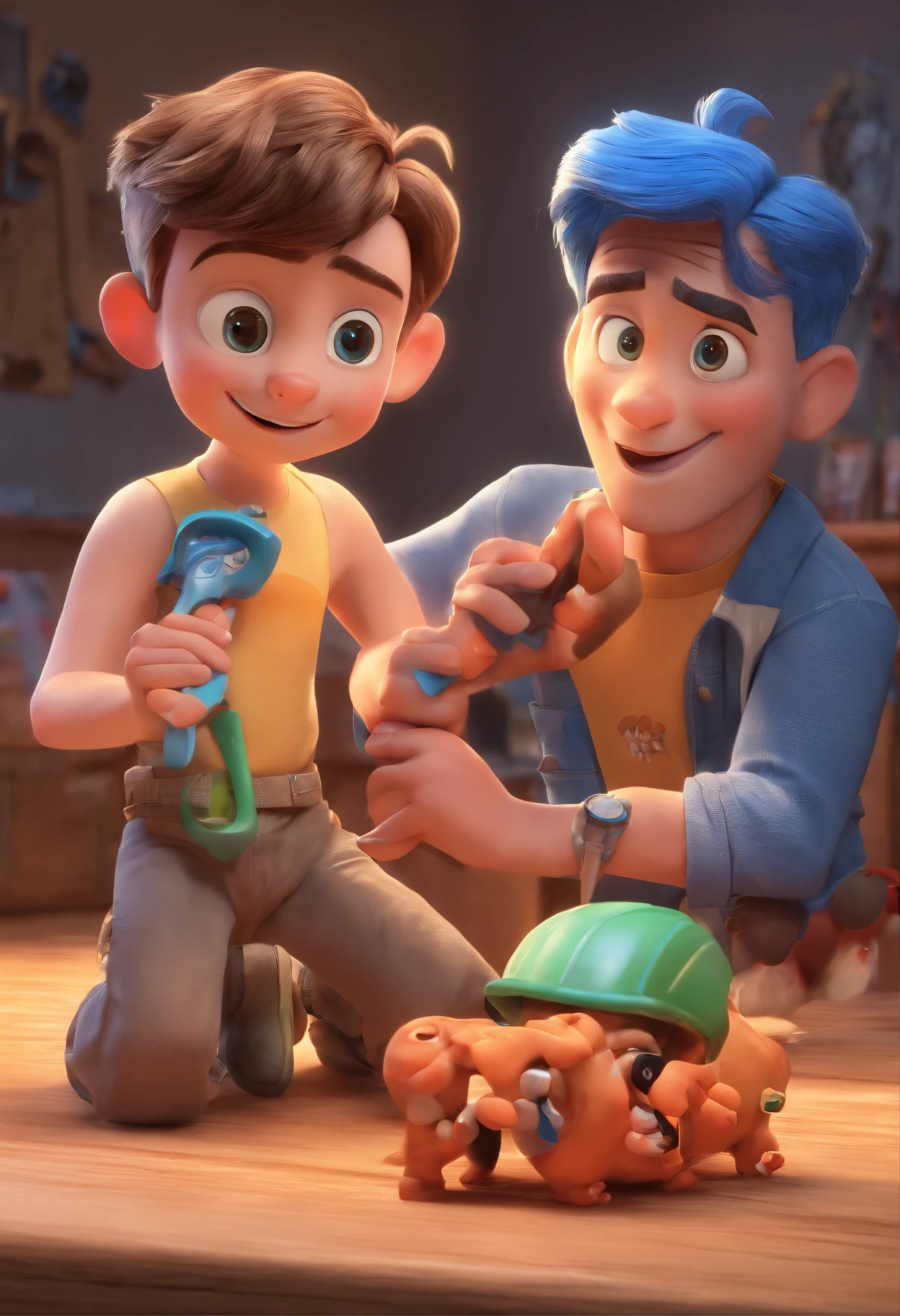 Estilo Pixar: The grown man is holding a naked blue-eyed boy and in his other hand he is holding a pair of scissors and is trying to cut off the boy's testicles,3D Poster,Disney