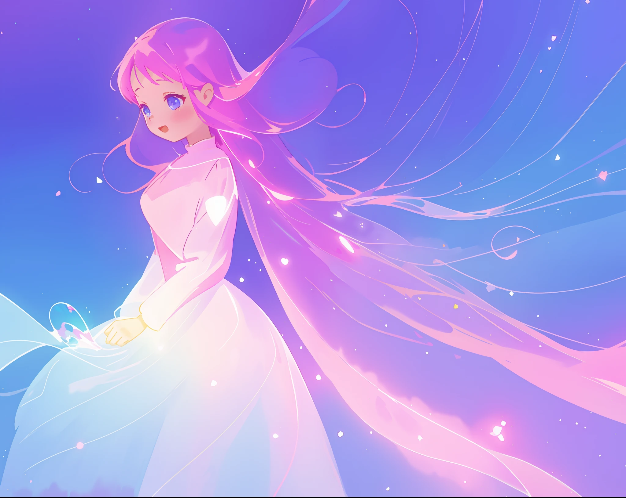 beautiful girl in colorful sparkling flowing ballgown, puffy long sleeve ballgown dress, long flowing purple pink hair, colorful sparkling lights, flowing liquid theme, colorful fantasia background, watercolor illustration, glowing aura around her, glowing lights, beautiful digital illustration, beautiful, masterpiece, best quality