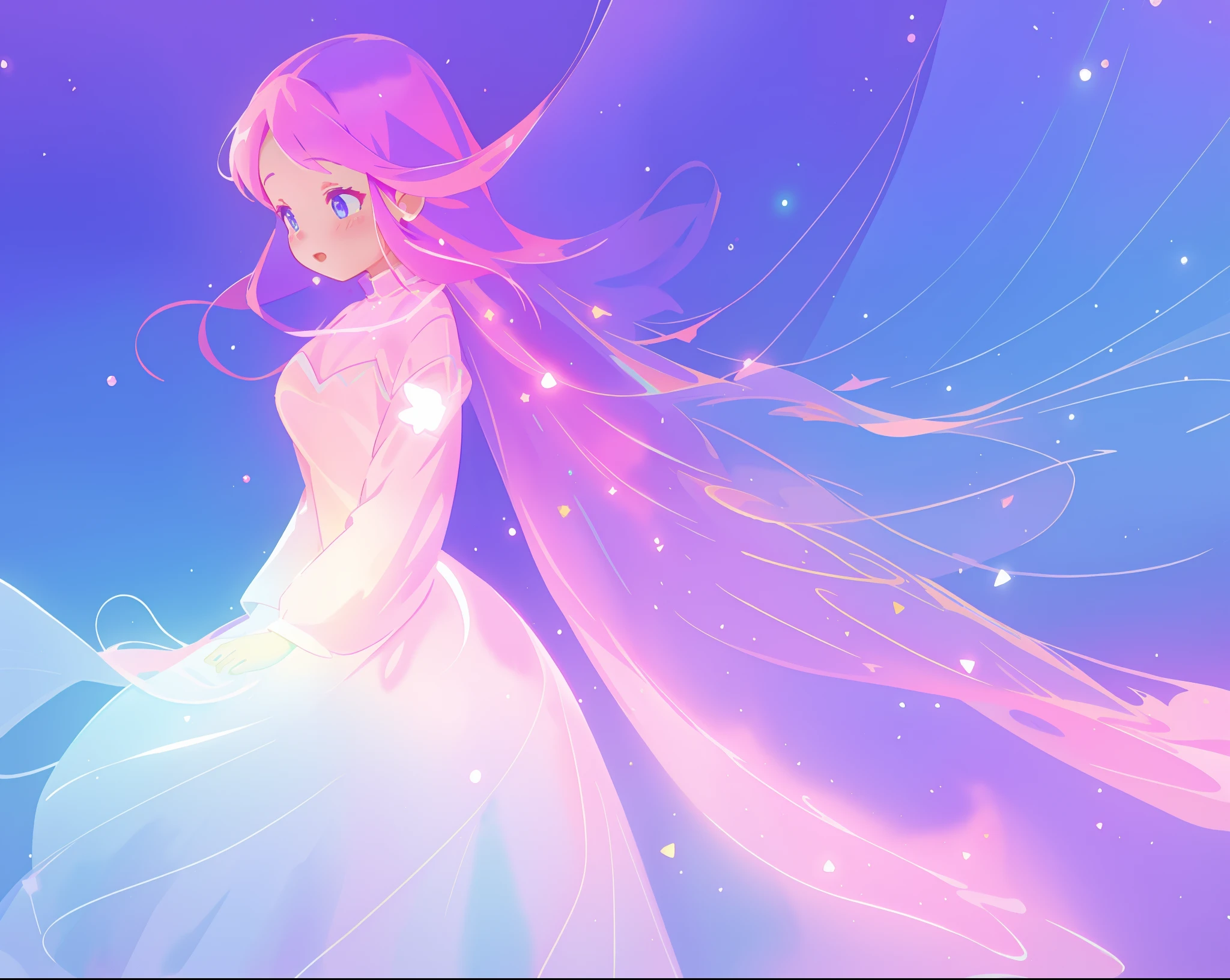 beautiful girl in colorful sparkling flowing ballgown, puffy long sleeve ballgown dress, long flowing purple pink hair, colorful sparkling lights, flowing liquid theme, colorful fantasia background, watercolor illustration, glowing aura around her, glowing lights, beautiful digital illustration, beautiful, masterpiece, best quality
