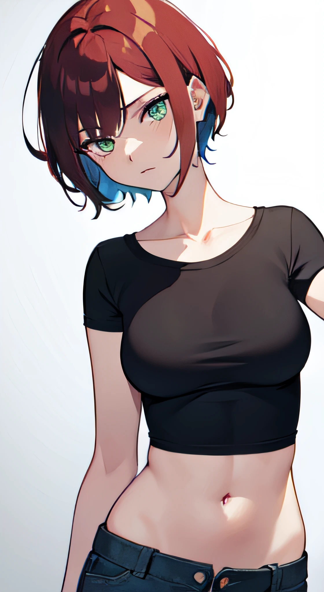 anime character of a woman with a black shirt longsleeve and blue jeans, short brown hair, neck length, green eyes, a digital painting inspired by Tomer Hanuka, trending on pixiv, serial art, heavy gesture style closeup, full body details, wearing casual clothes, style anime, anime style hyper detailed, anime style character, striking detailed artstyle, realistic artstyle, clean detailed anime style, modern anime style, Brown Hair