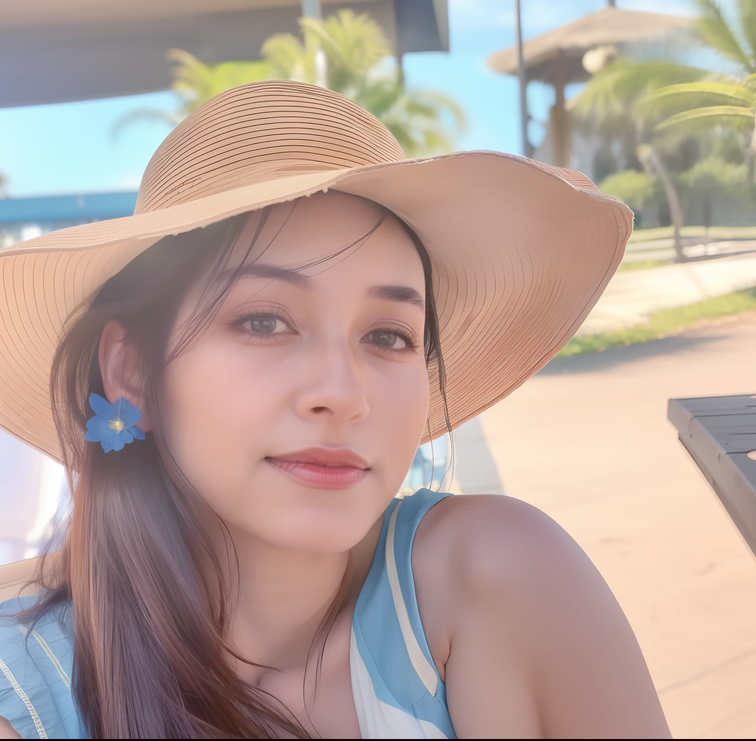 Woman wearing a hat and a blue dress sitting on a bench, 3 2 anos, 3 6 anos, 38 anos, Mulher de 30 anos, 3 0 anos de idade mulher, imagem de perfil, 3 5 year brazilian mother, Directed by: Nandor Soldier, 35 anos, 3 5 anos, wearing a travel hat
