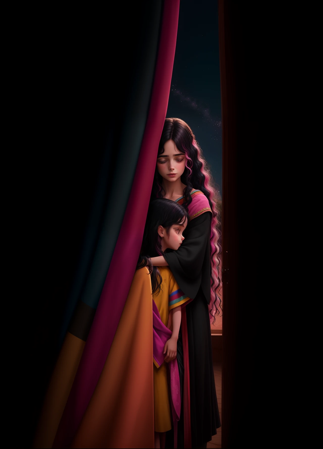 Obra estilo Pixar Disney melhor qualidade, High quality of Jesus hugging a  girl with long black hair with pink streaks at the tip ,olho redondo, nariz fininho,